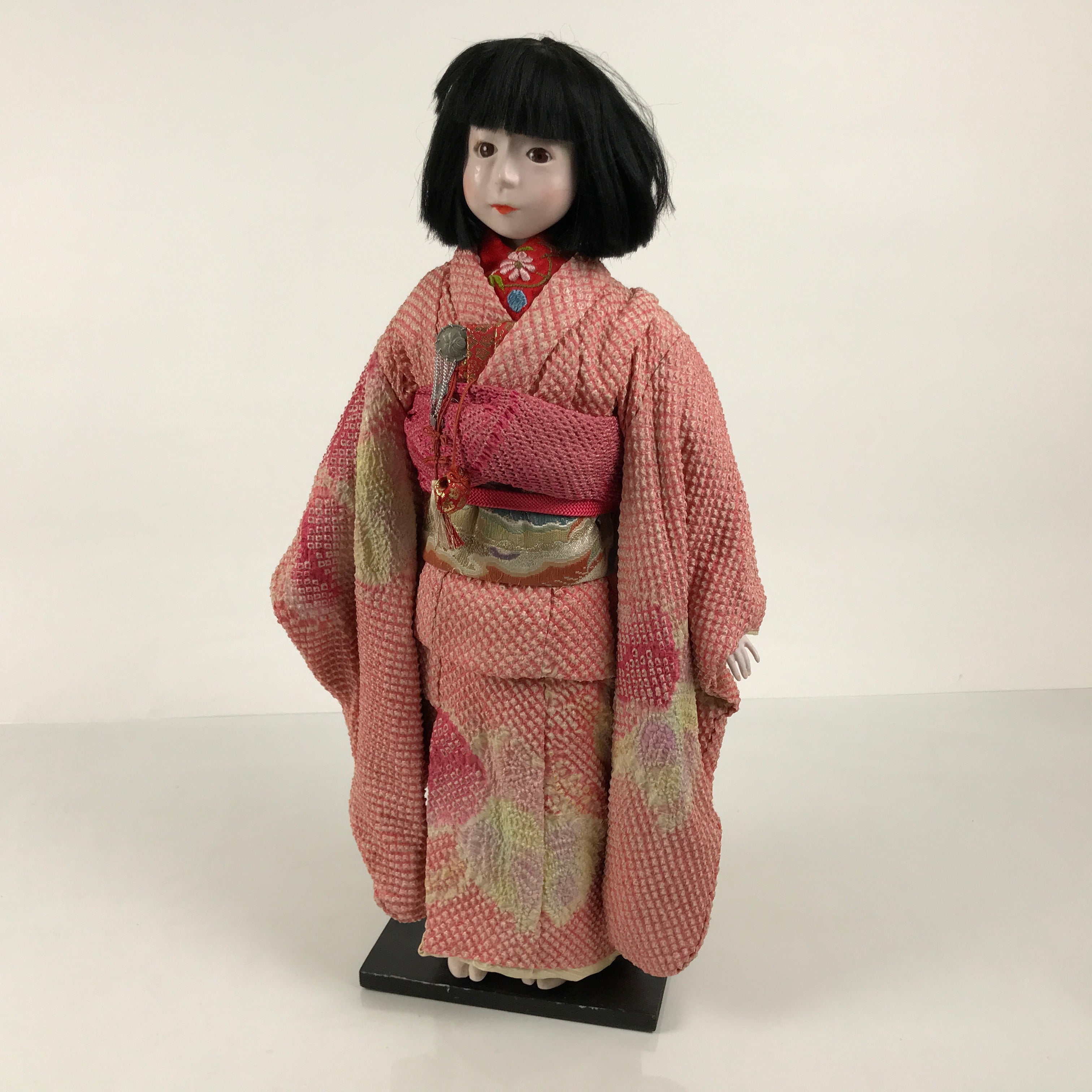 Japanese Ichimatsu Ningyo Doll Vtg Pink Silk Kimono Glass Eyes Gofun Face ID698-AD - Doll-chidorivintage.com