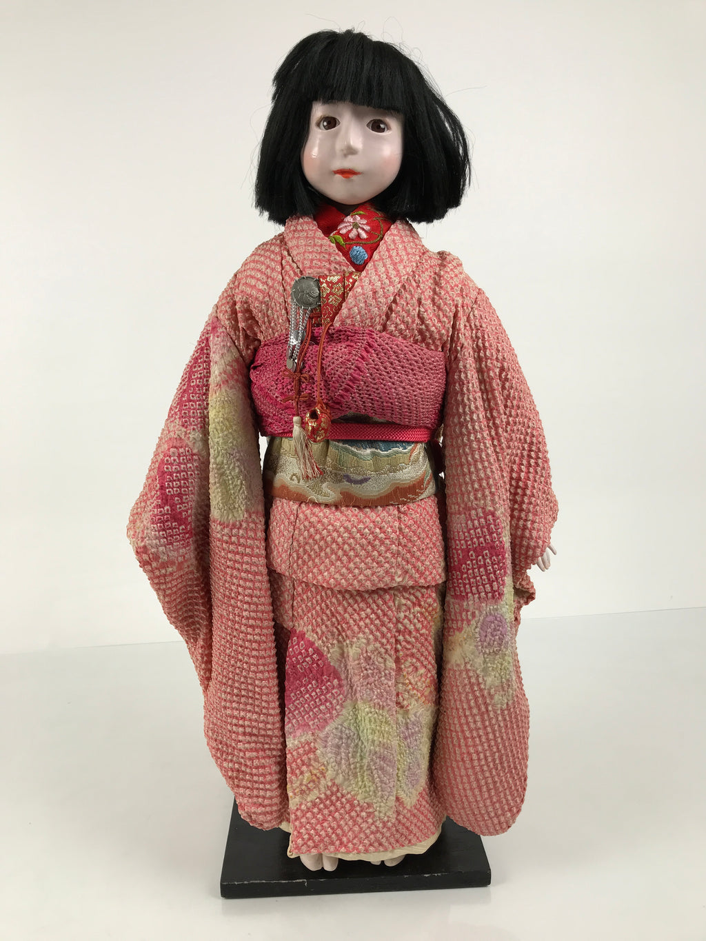 Japanese Ichimatsu Ningyo Doll Vtg Pink Silk Kimono Glass Eyes Gofun Face ID698-AD - Doll-chidorivintage.com