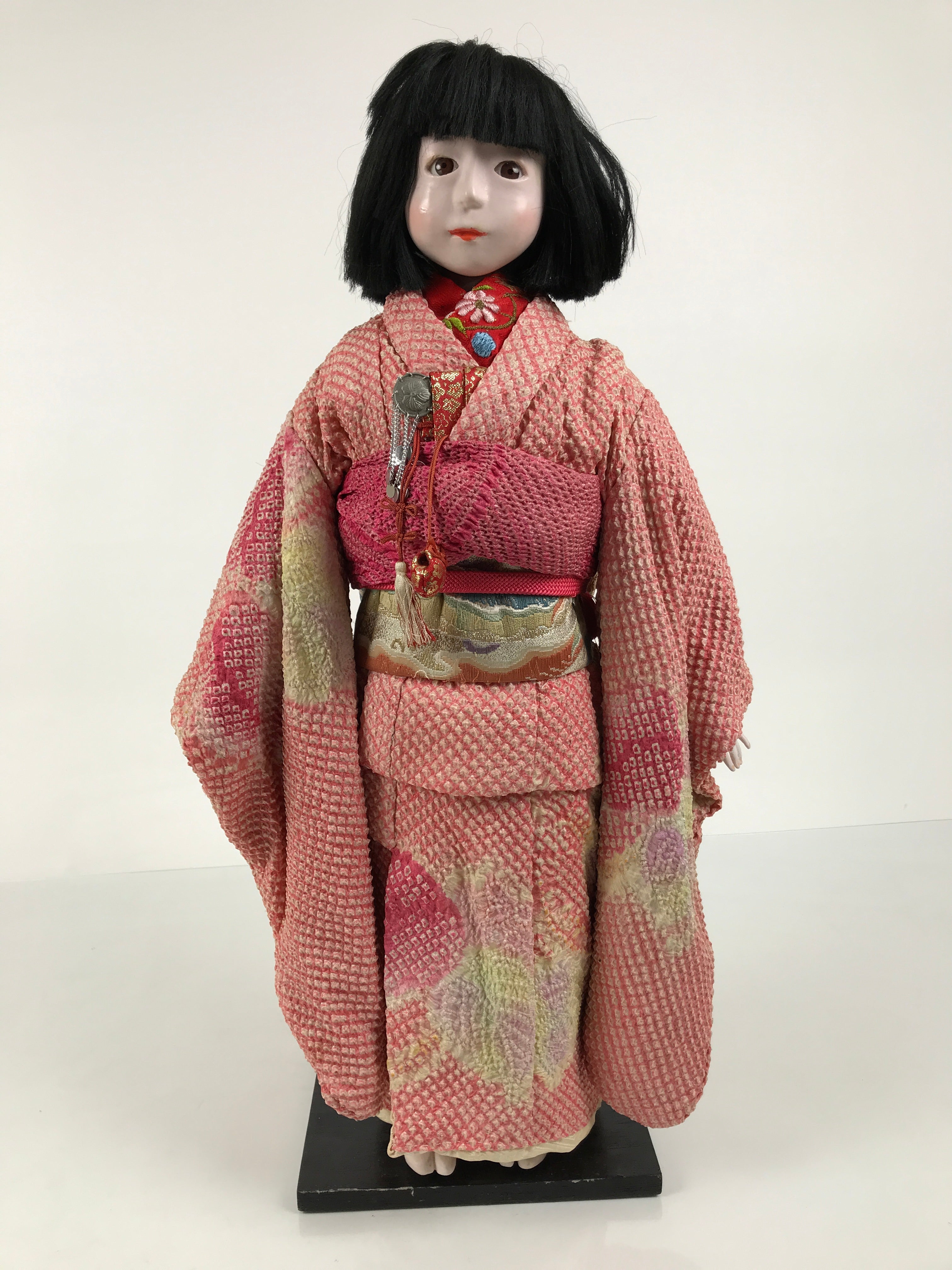 Japanese Ichimatsu Ningyo Doll Vtg Pink Silk Kimono Glass Eyes Gofun Face ID698-AD - Doll-chidorivintage.com