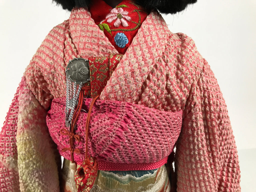 Japanese Ichimatsu Ningyo Doll Vtg Pink Silk Kimono Glass Eyes Gofun Face ID698-AD - Doll-chidorivintage.com