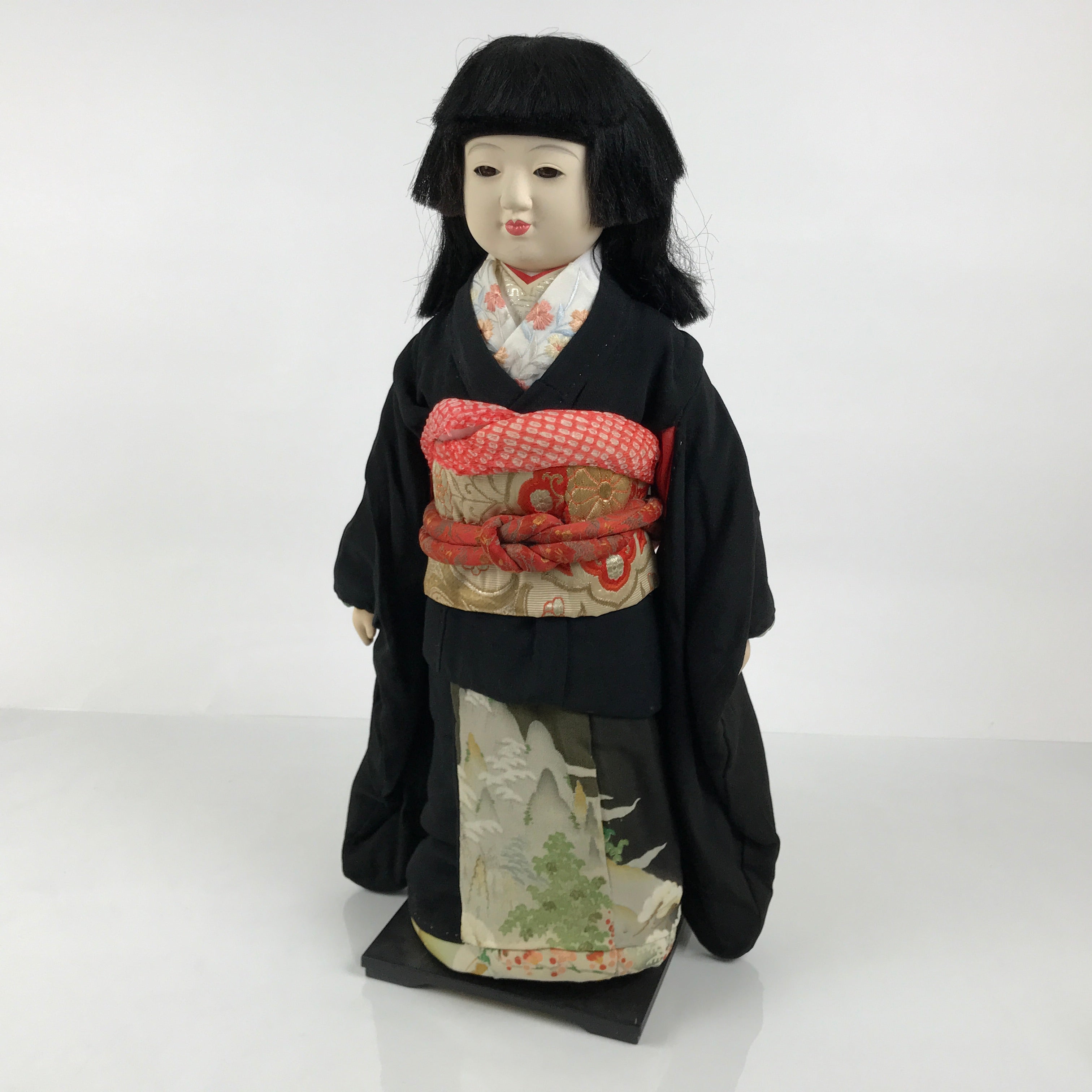 Japanese Ichimatsu Ningyo Doll Vtg Black Silk Kimono Glass Eyes Gofun Face ID697-AD - Doll-chidorivintage.com