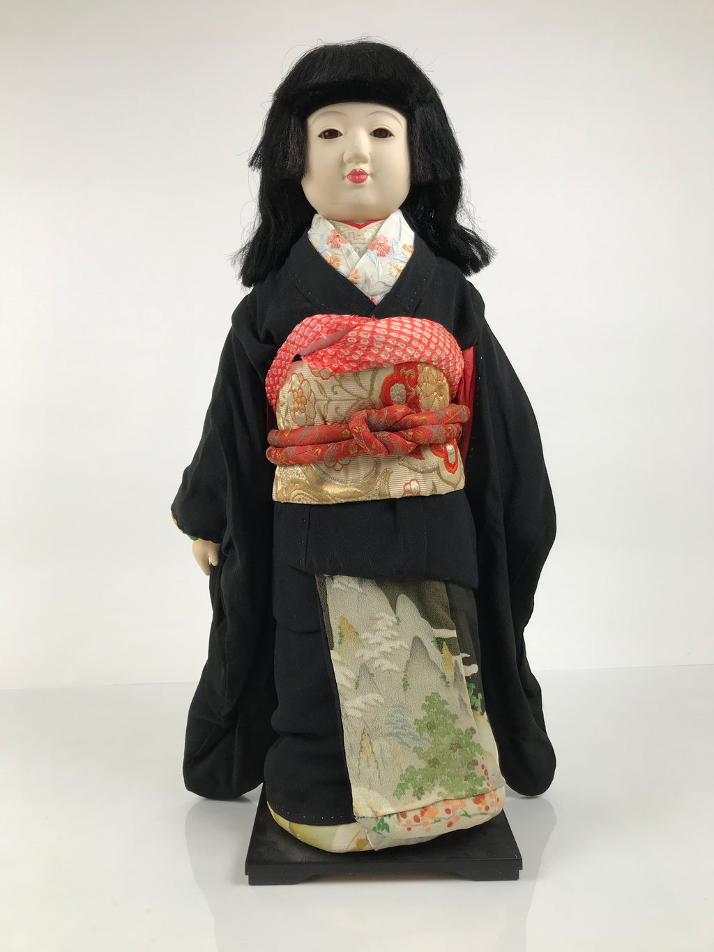 Japanese Ichimatsu Ningyo Doll Vtg Black Silk Kimono Glass Eyes Gofun Face ID697-AD - Doll-chidorivintage.com