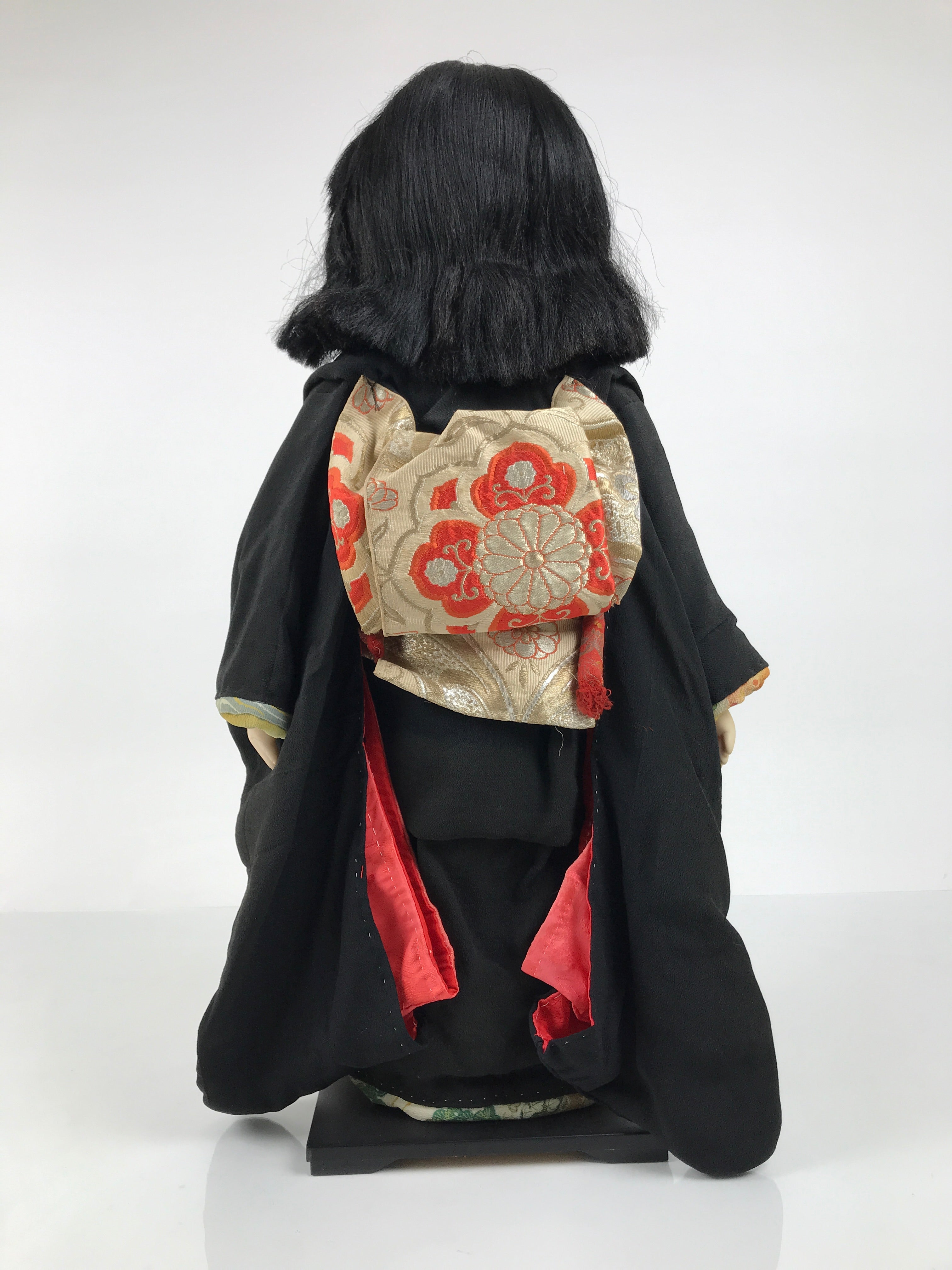 Japanese Ichimatsu Ningyo Doll Vtg Black Silk Kimono Glass Eyes Gofun Face ID697-AD - Doll-chidorivintage.com