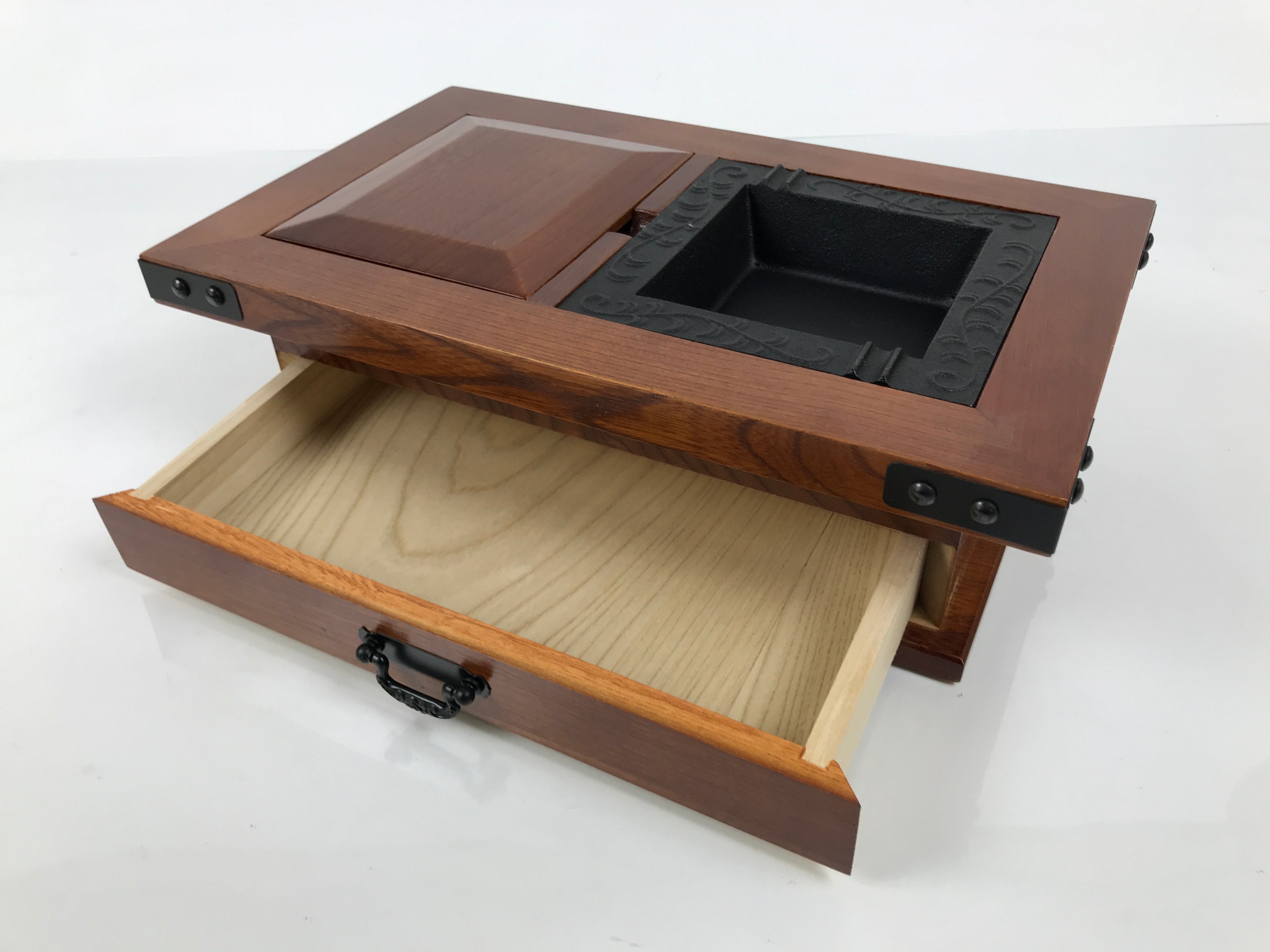 Japanese Iron Ashtray Tobacco Smoking Tray Zelkova Wood Container Brown PX816-OT - Misc-chidorivintage.com