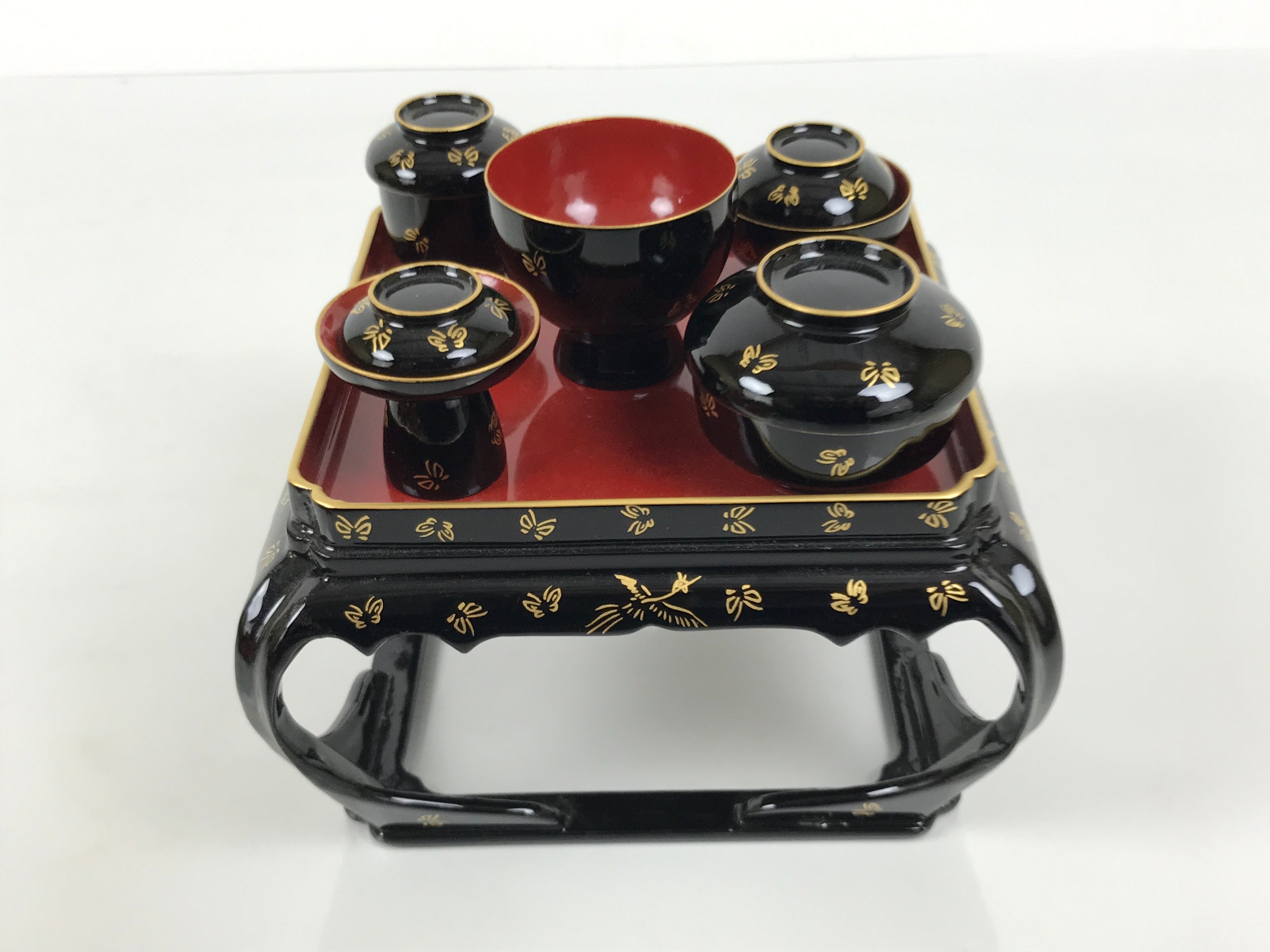 Japanese Lacquer Wood Ozen Tray Meal Set Hina Doll Furniture Vtg Black Red ID719-FB - Hina Doll Furniture-chidorivintage.com