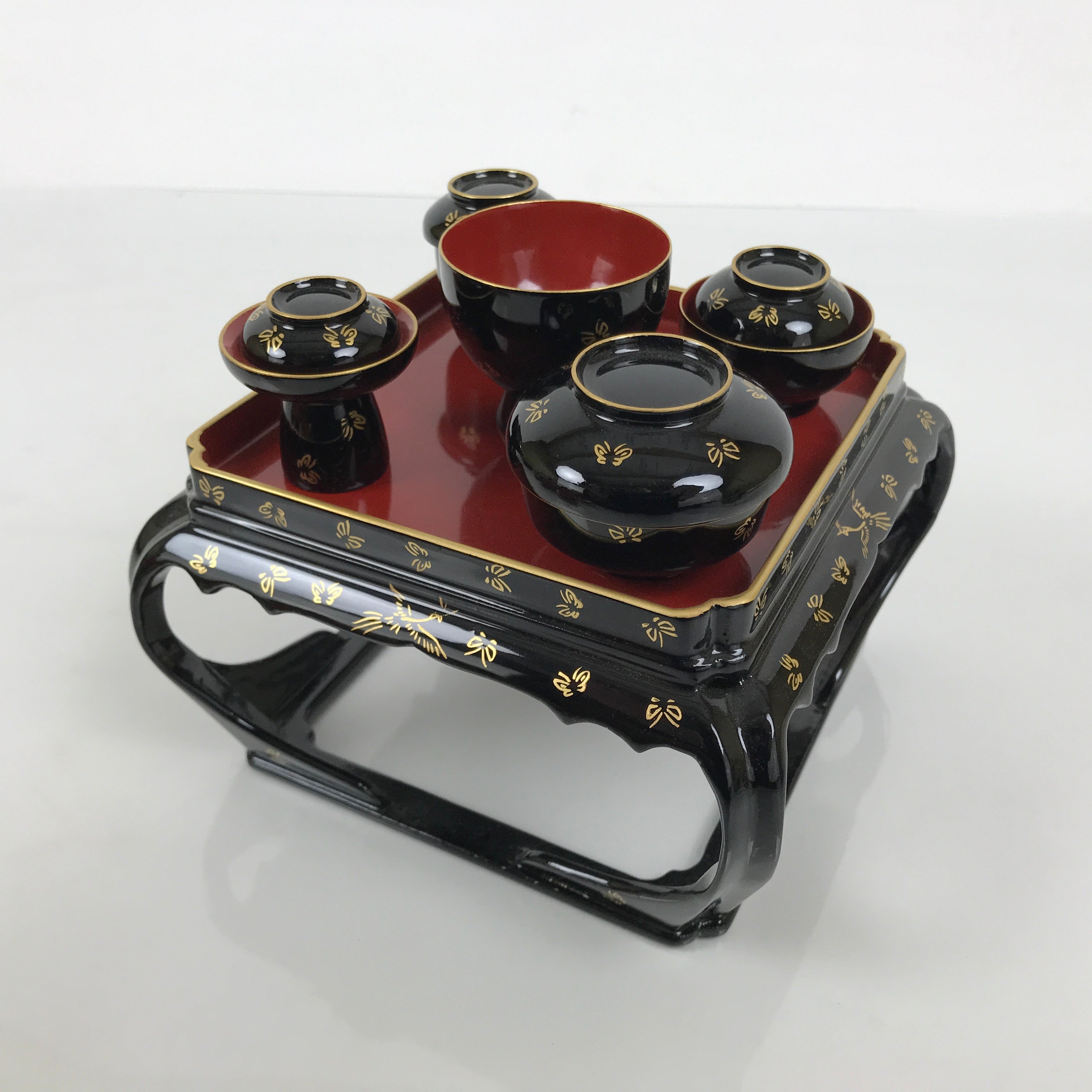 Japanese Lacquer Wood Ozen Tray Meal Set Hina Doll Furniture Vtg Black Red ID720-FB - Hina Doll Furniture-chidorivintage.com