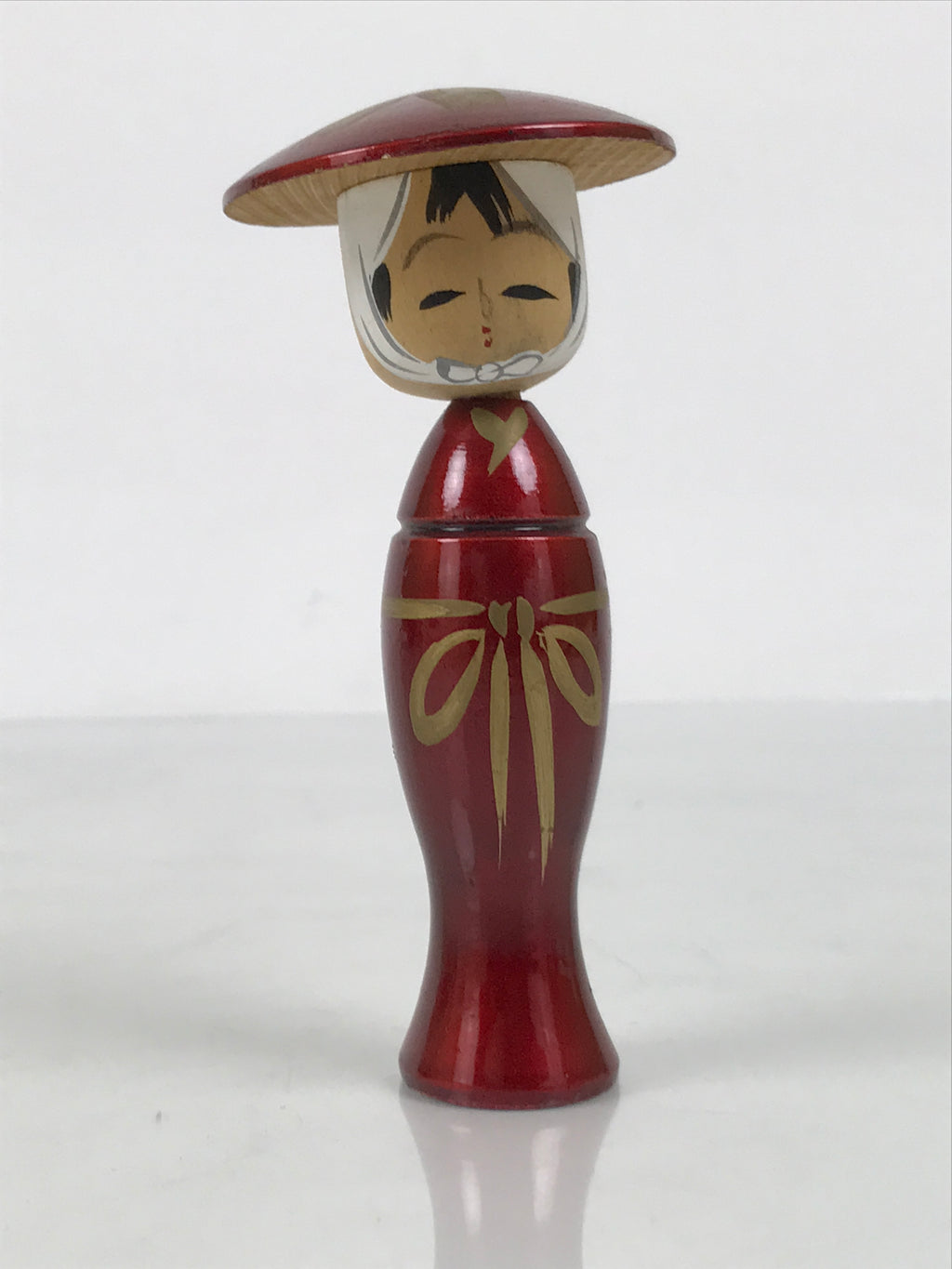 Japanese Wooden Kokeshi Doll Vtg Woman Traditional Craft Red Kimono Hat KF854-AD - Kokeshi-chidorivintage.com