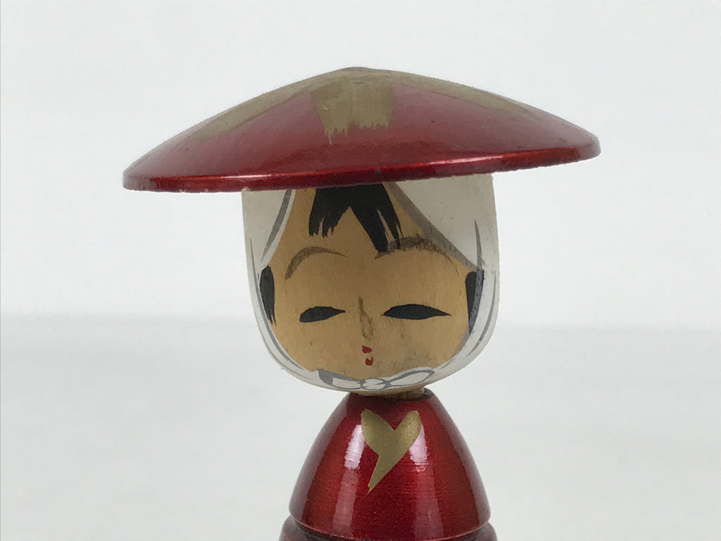 Japanese Wooden Kokeshi Doll Vtg Woman Traditional Craft Red Kimono Hat KF854-AD - Kokeshi-chidorivintage.com