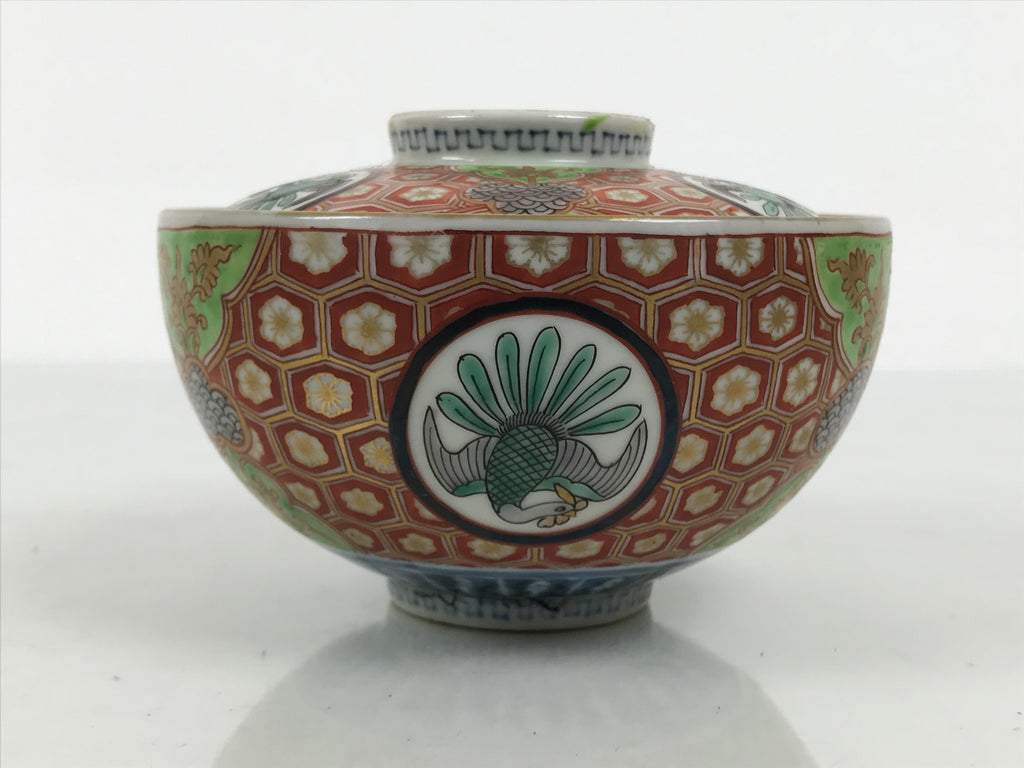 Antique Japanese Porcelain Lidded Bowl Owan Red Gold Green Blue Peacock Y622-KT - Bowl-chidorivintage.com