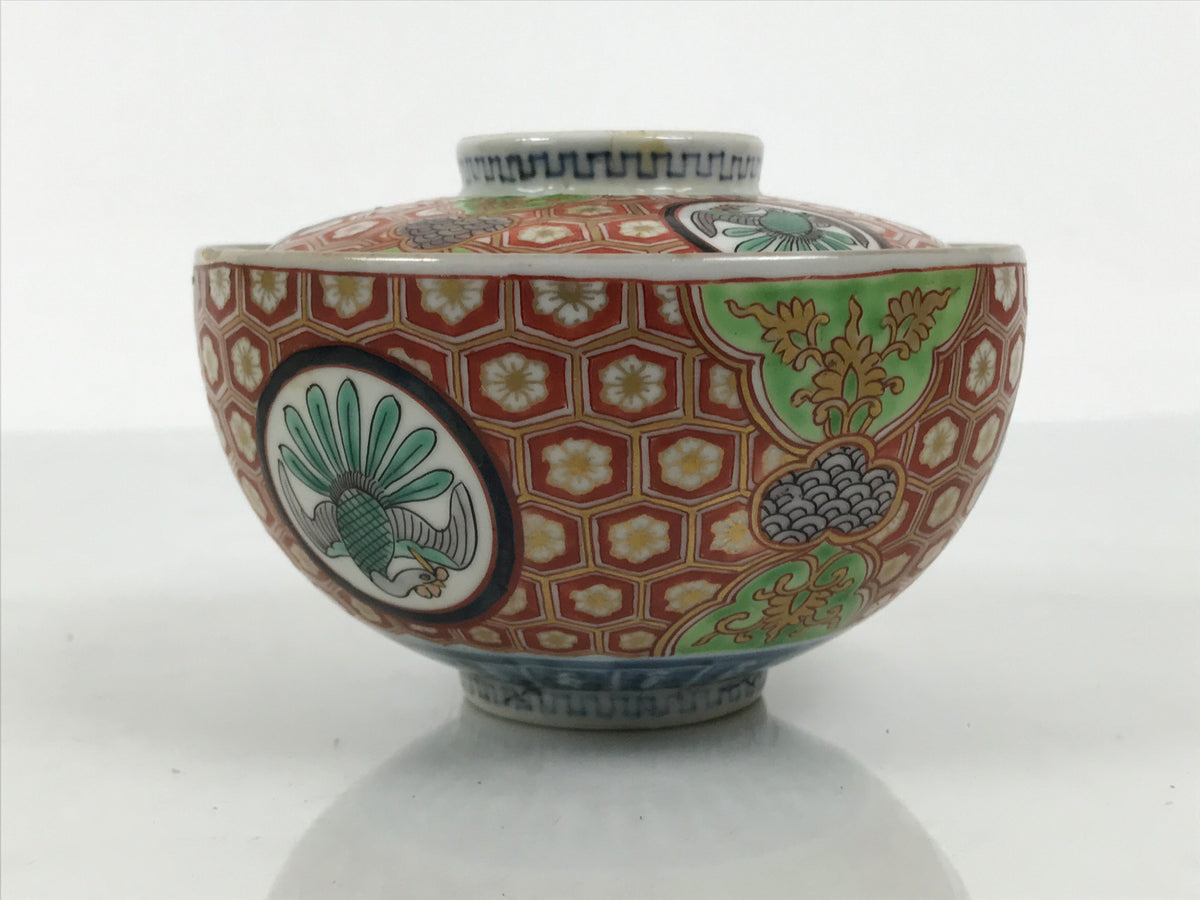 Antique Japanese Porcelain Lidded Bowl Owan Red Gold Green Blue Peacock Y622-KT - Bowl-chidorivintage.com