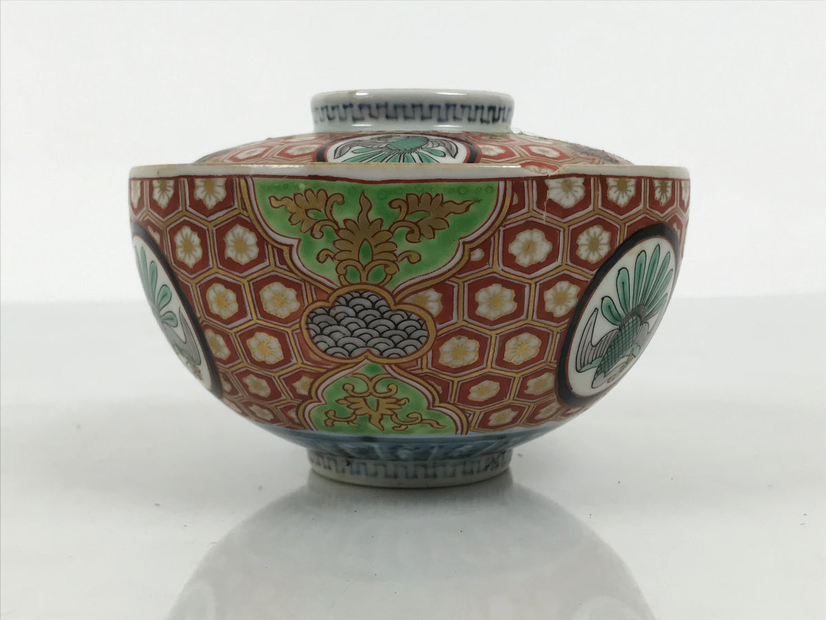 Antique Japanese Porcelain Lidded Bowl Owan Red Gold Green Blue Peacock Y622-KT - Bowl-chidorivintage.com