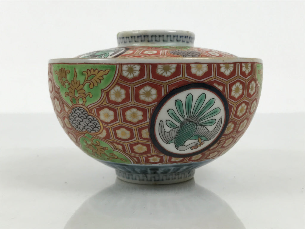 Antique Japanese Porcelain Lidded Bowl Owan Red Gold Green Blue Peacock Y622-KT - Bowl-chidorivintage.com