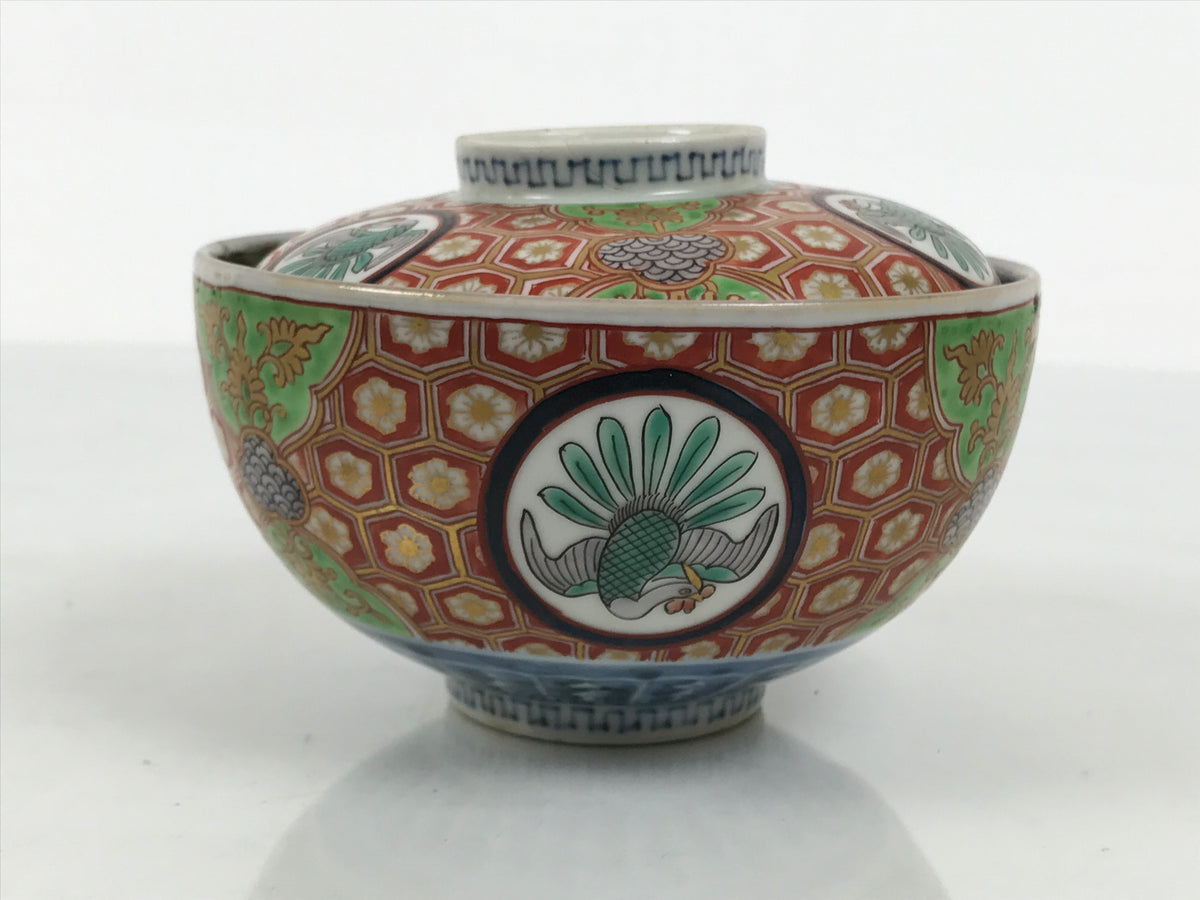 Antique Japanese Porcelain Lidded Bowl Owan Red Gold Green Blue Peacock Y623-KT - Bowl-chidorivintage.com