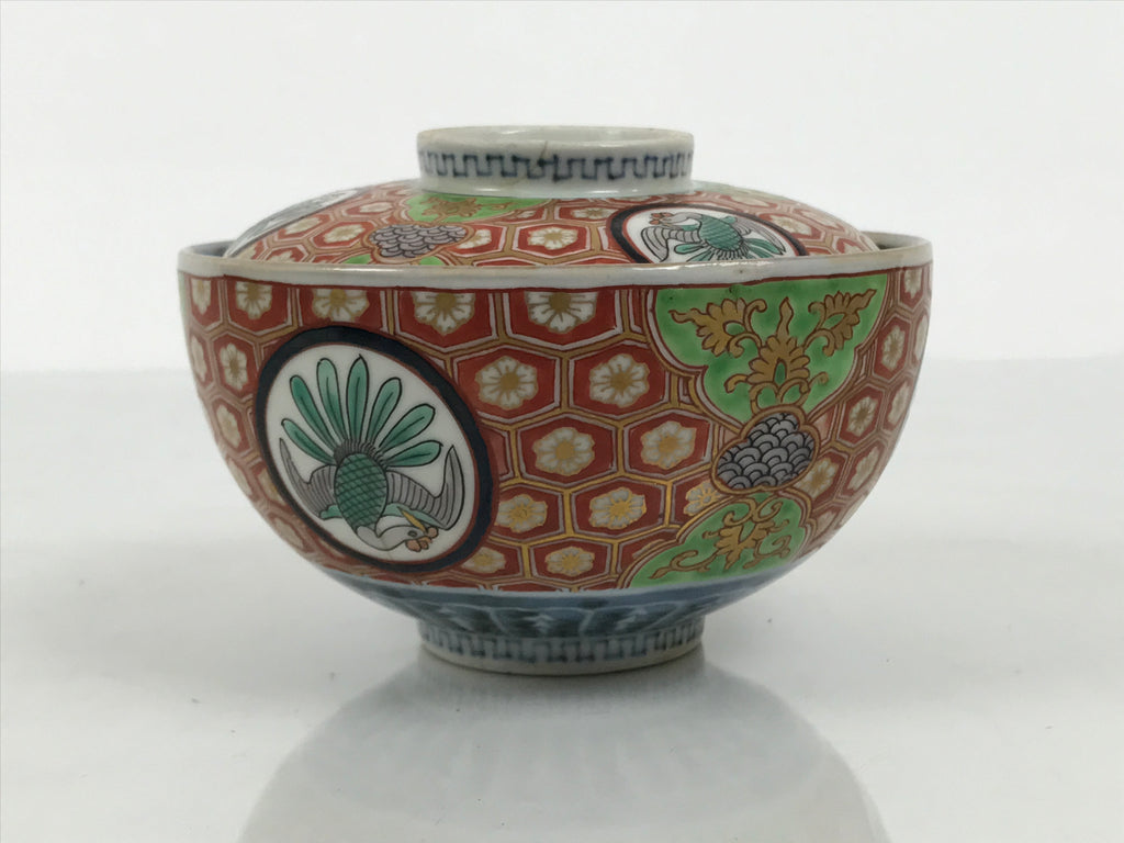 Antique Japanese Porcelain Lidded Bowl Owan Red Gold Green Blue Peacock Y623-KT - Bowl-chidorivintage.com