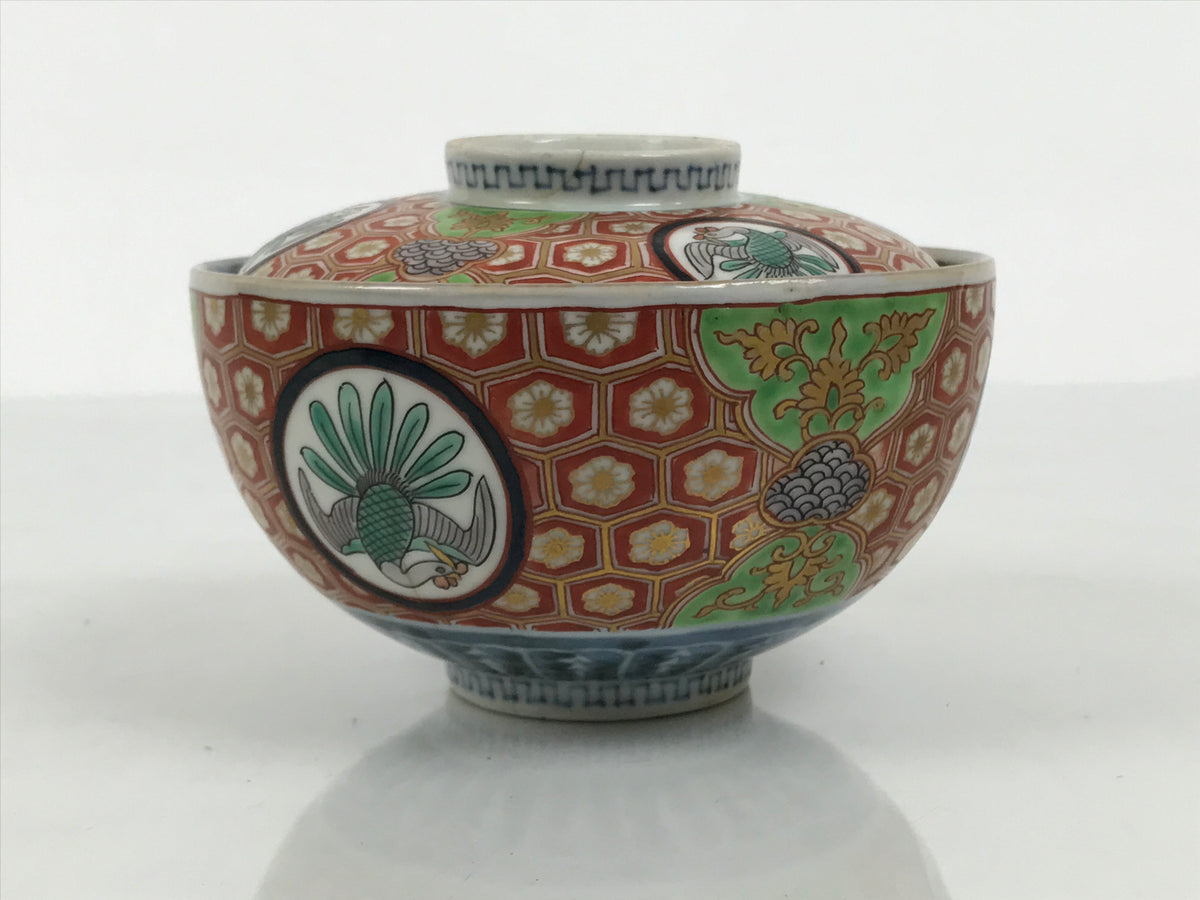 Antique Japanese Porcelain Lidded Bowl Owan Red Gold Green Blue Peacock Y623-KT - Bowl-chidorivintage.com