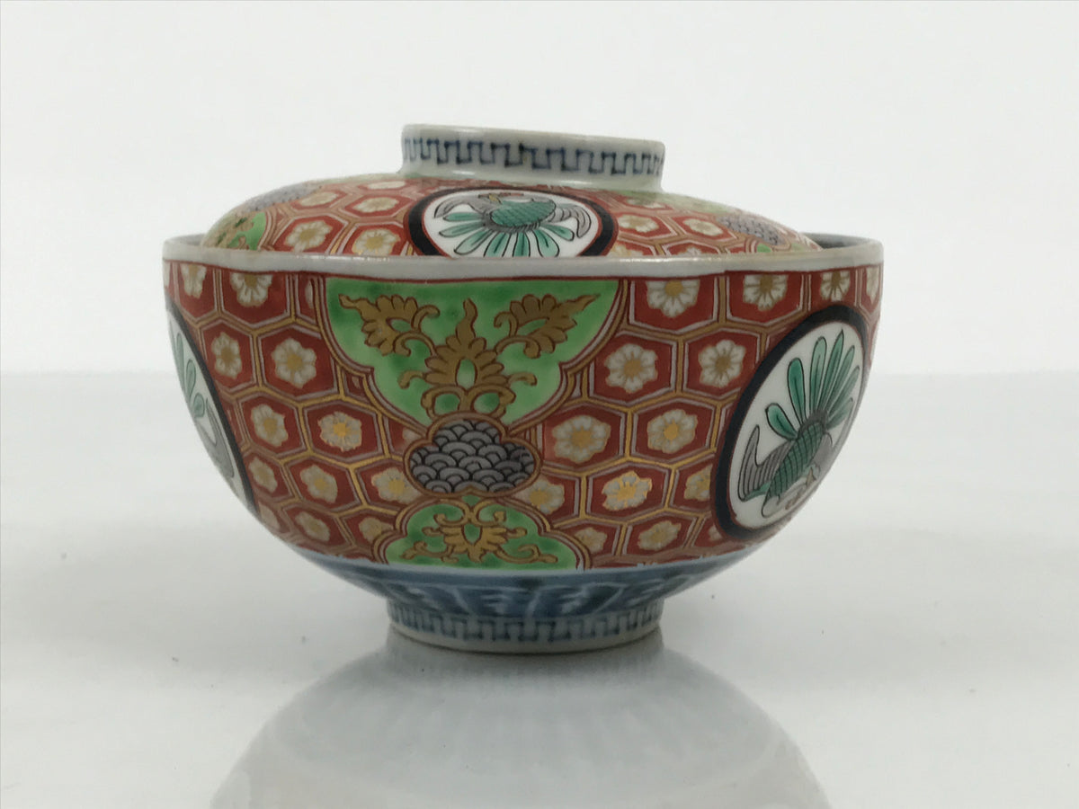 Antique Japanese Porcelain Lidded Bowl Owan Red Gold Green Blue Peacock Y623-KT - Bowl-chidorivintage.com