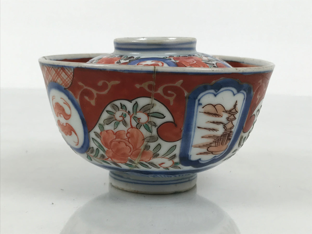 Japanese Porcelain Lidded Bowl Owan Vtg Red Green Blue Floral Leaf Pagoda Y625-KT - Bowl-chidorivintage.com