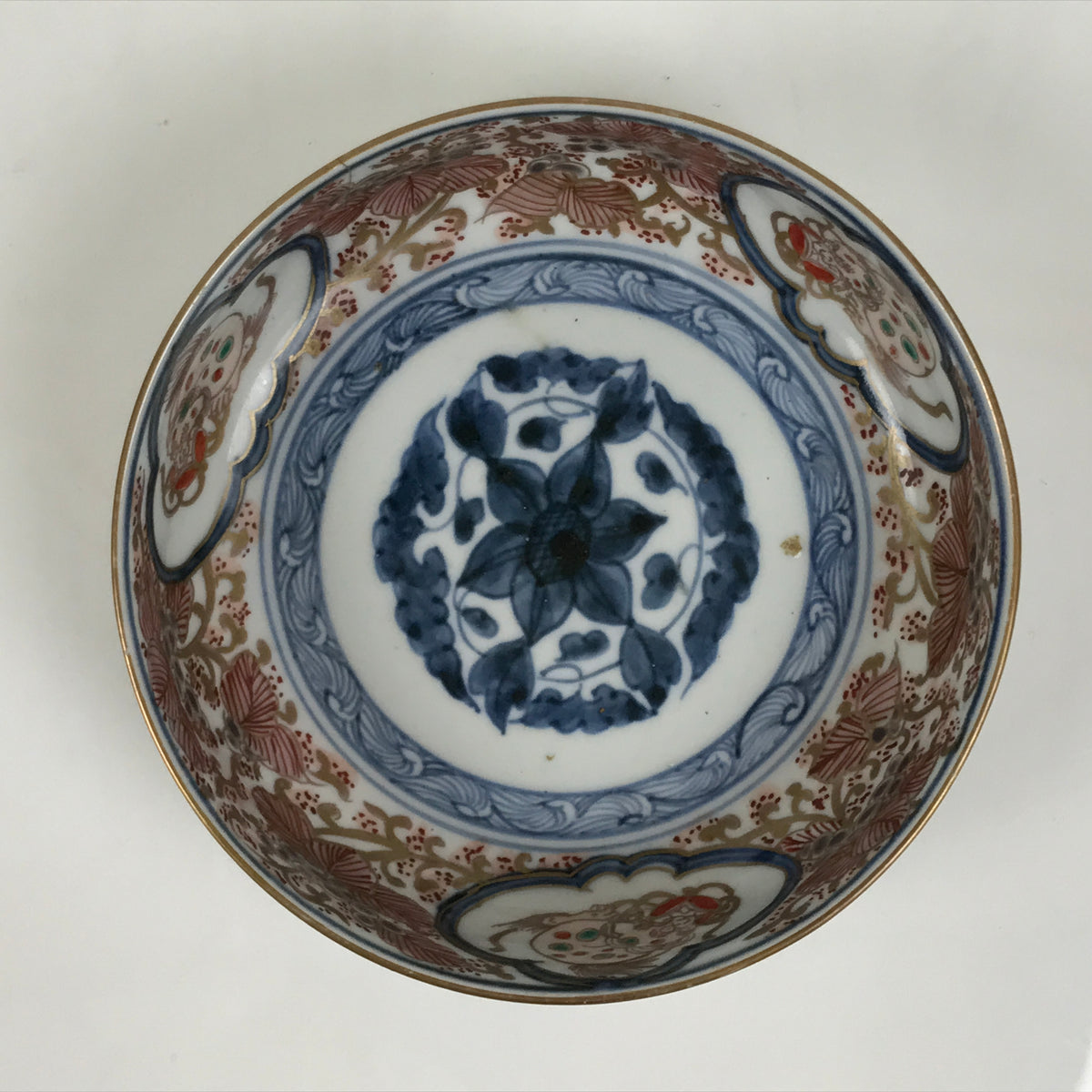 Japanese Porcelain Bowl Chubachi Vtg Side Dish White Blue Red Gold Leaf Y626-KT - Bowl-chidorivintage.com