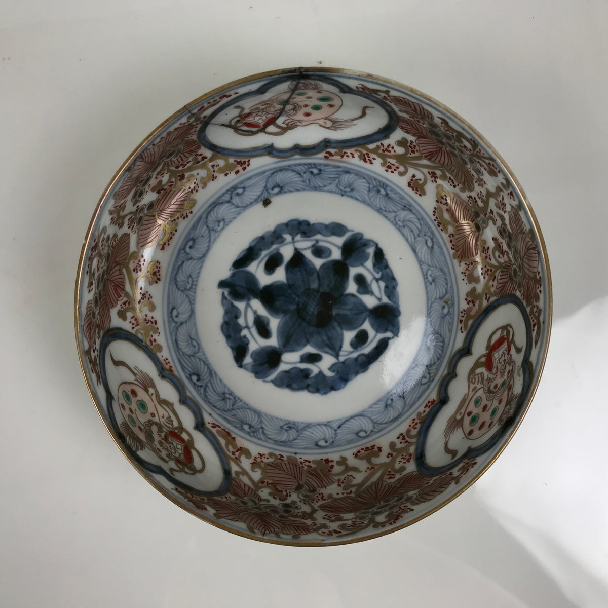 Japanese Porcelain Bowl Chubachi Vtg Side Dish White Blue Red Gold Leaf Y627-KT - Bowl-chidorivintage.com