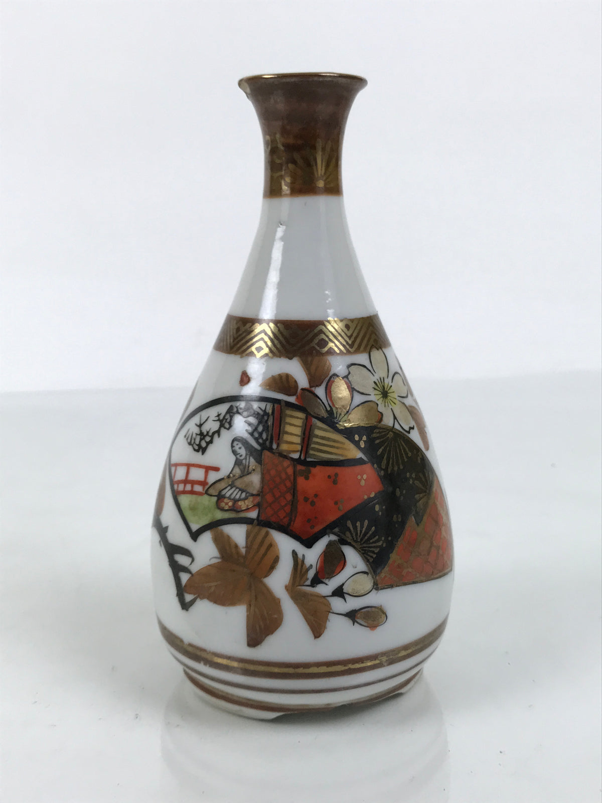 Japanese Kutani Porcelain Sake Bottle Tokkuri Vtg Kimono Woman Folding Fan TS930-KT - Sake Bottle-chidorivintage.com