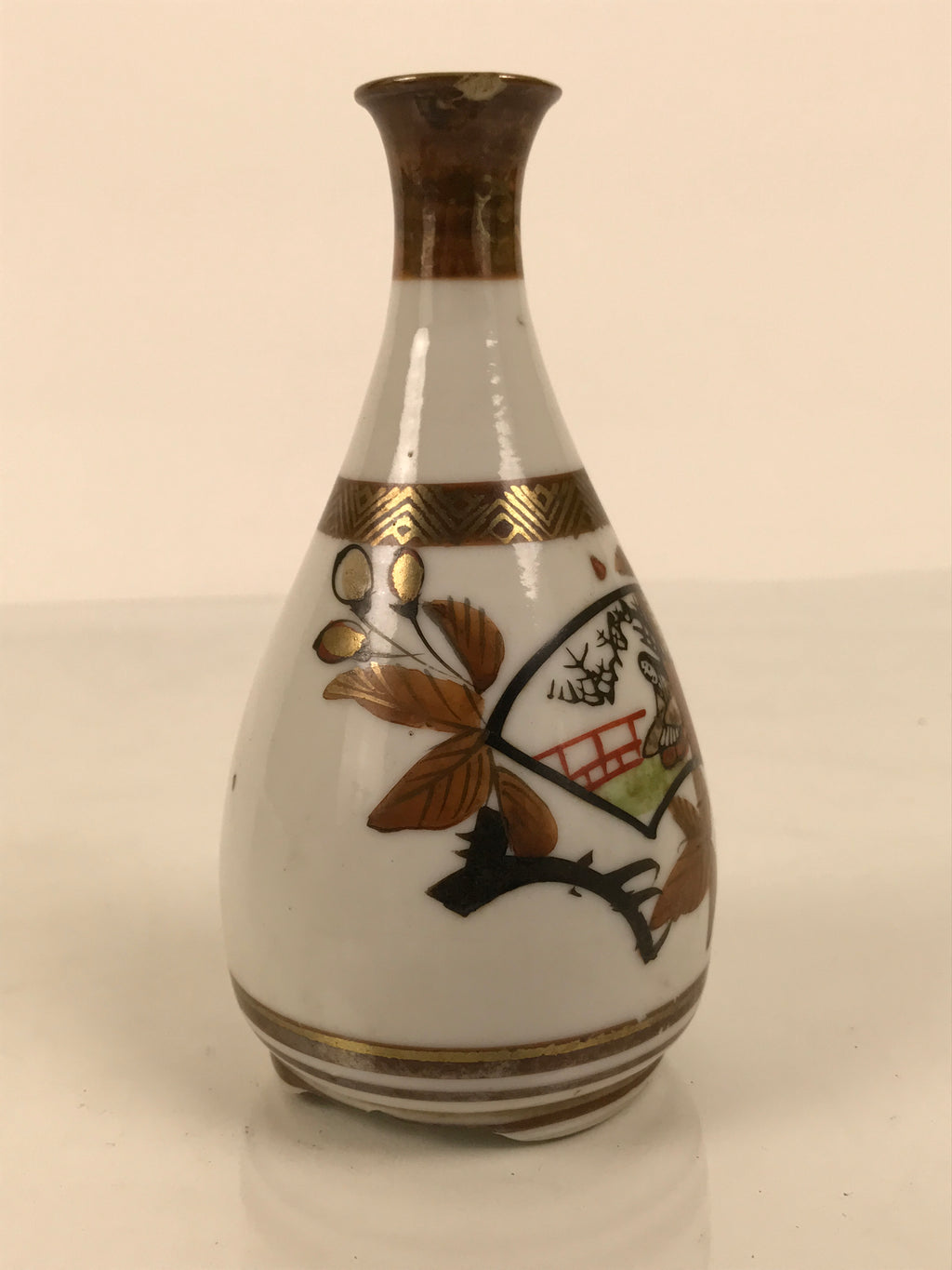 Japanese Kutani Porcelain Sake Bottle Tokkuri Vtg Kimono Woman Folding Fan TS930-KT - Sake Bottle-chidorivintage.com