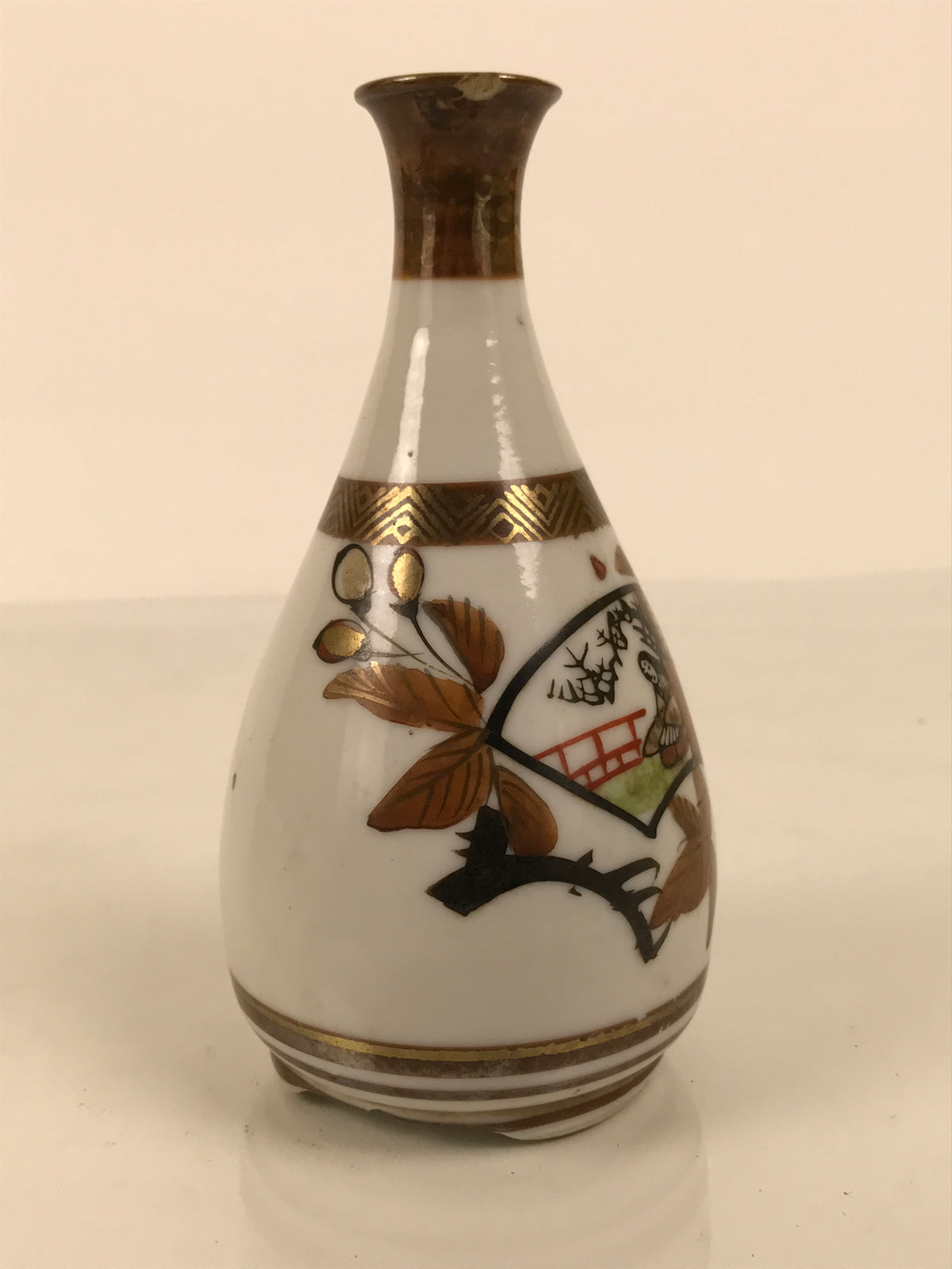 Japanese Kutani Porcelain Sake Bottle Tokkuri Vtg Kimono Woman Folding Fan TS930-KT - Sake Bottle-chidorivintage.com