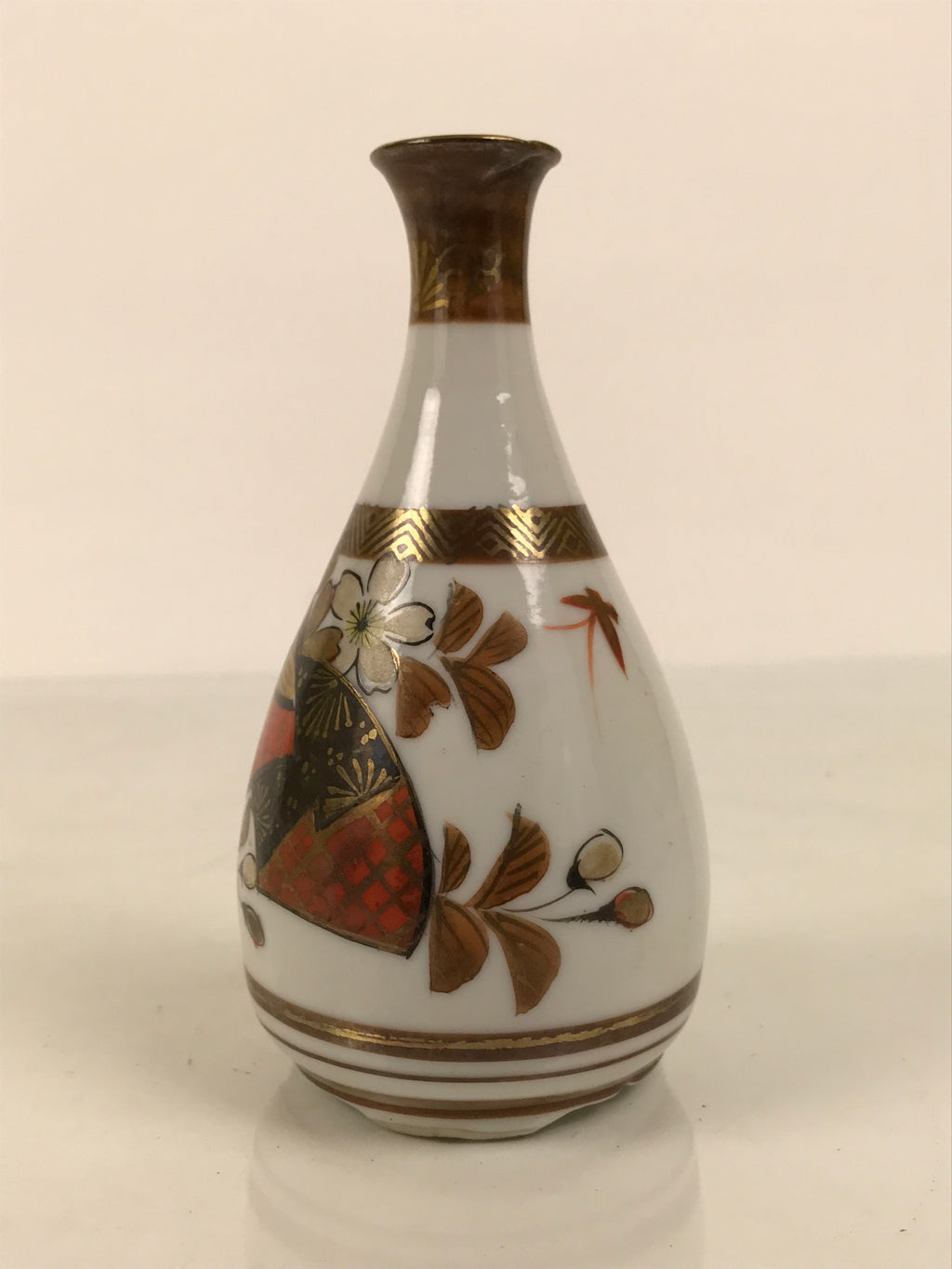 Japanese Kutani Porcelain Sake Bottle Tokkuri Vtg Kimono Woman Folding Fan TS930-KT - Sake Bottle-chidorivintage.com