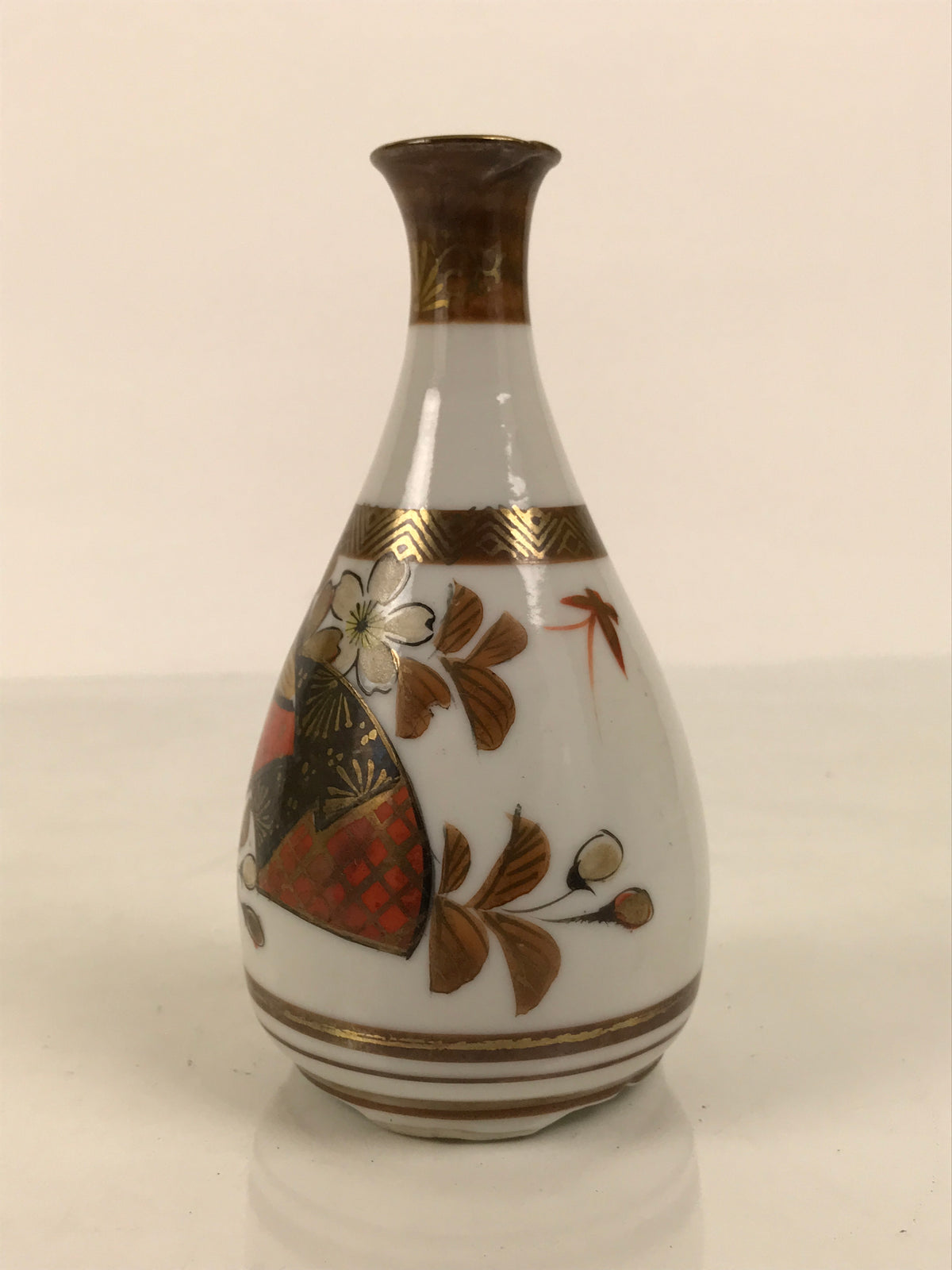 Japanese Kutani Porcelain Sake Bottle Tokkuri Vtg Kimono Woman Folding Fan TS930-KT - Sake Bottle-chidorivintage.com