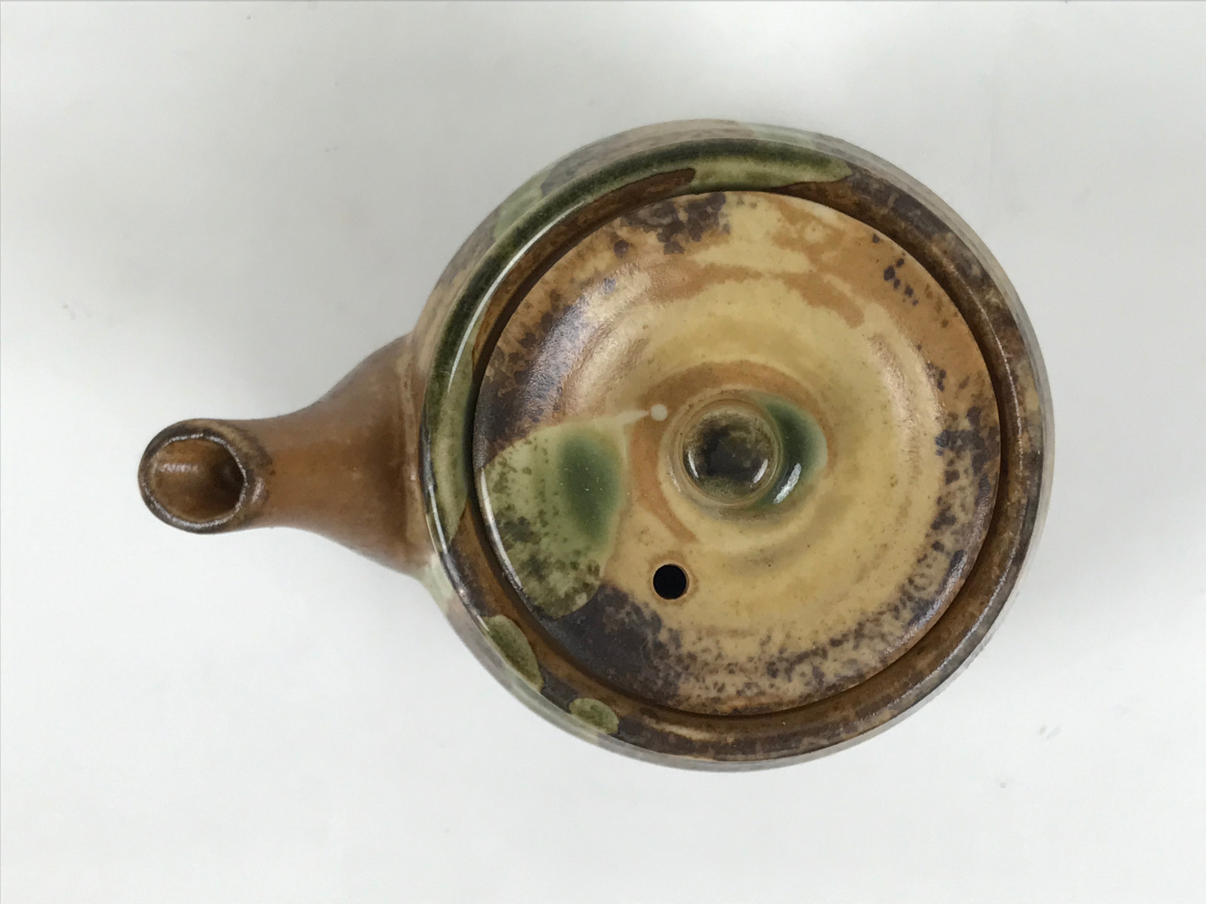 Japanese Oribe Ware Ceramic Soy Sauce Dispenser Shoyusashi Pot Brown Green Y577-KT - Pot-chidorivintage.com