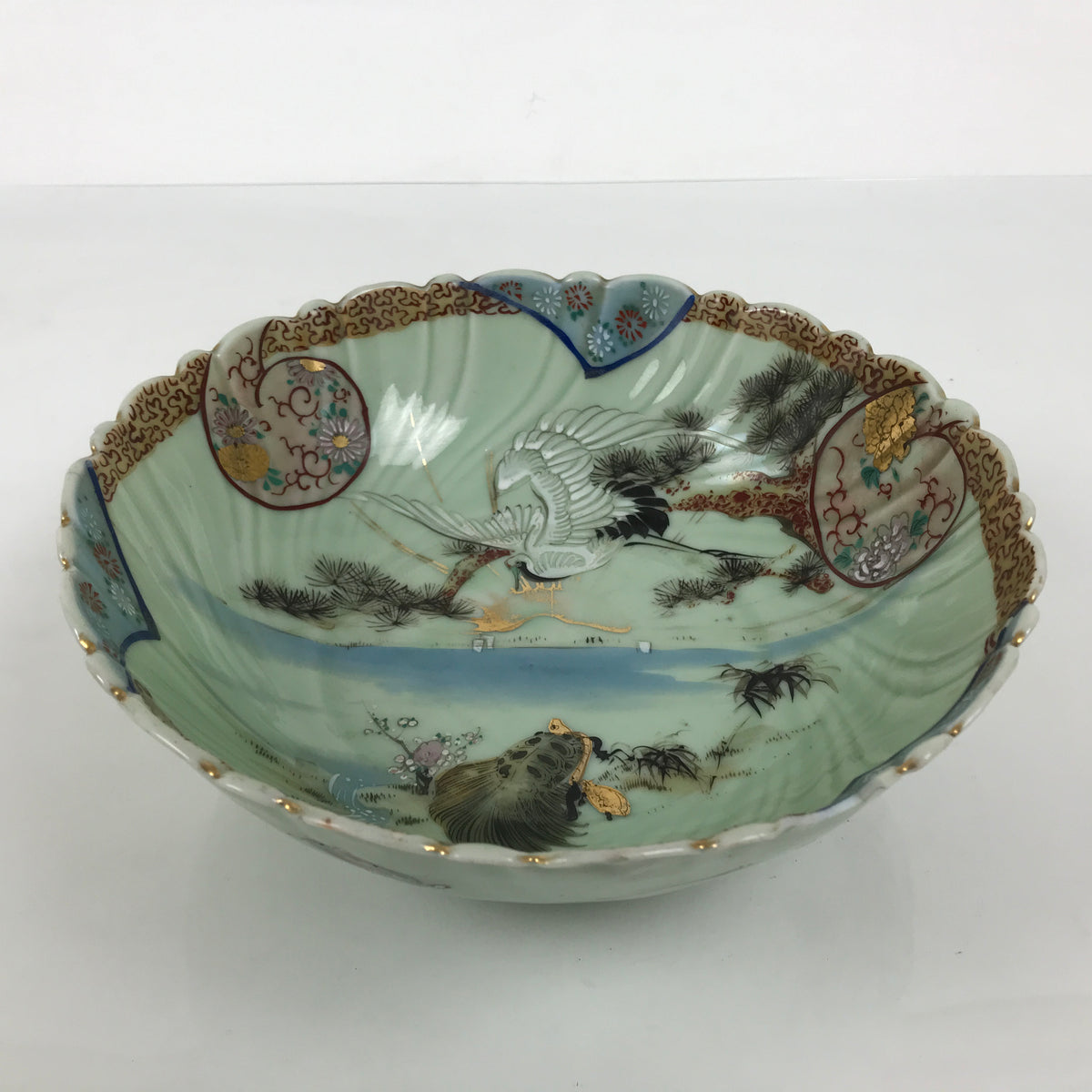 Japanese Porcelain Round Large Bowl Vtg Crane Turtle Longevity Green Gold Y585-KT - Bowl-chidorivintage.com