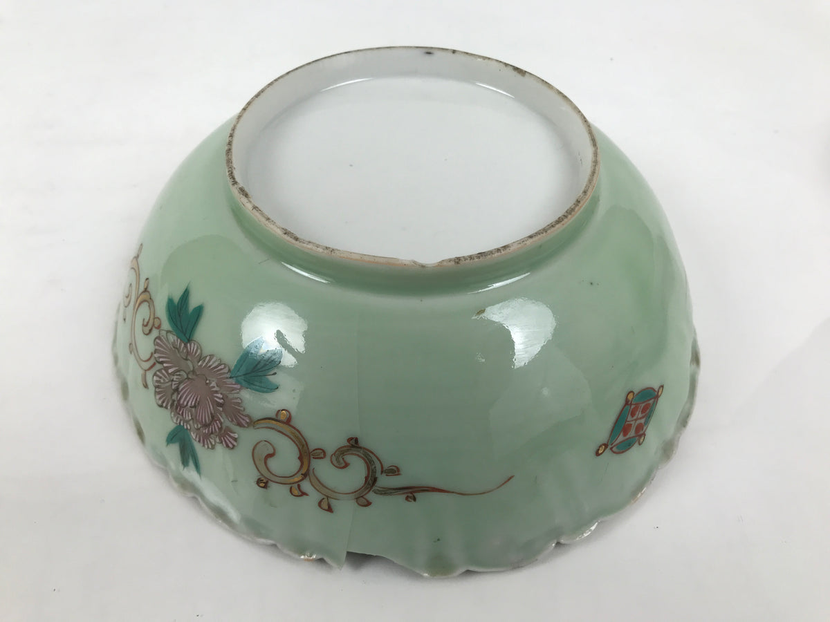 Japanese Porcelain Round Large Bowl Vtg Crane Turtle Longevity Green Gold Y585-KT - Bowl-chidorivintage.com
