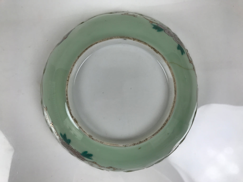 Japanese Porcelain Round Large Bowl Vtg Crane Turtle Longevity Green Gold Y585-KT - Bowl-chidorivintage.com