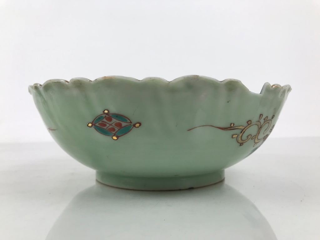 Japanese Porcelain Round Large Bowl Vtg Crane Turtle Longevity Green Gold Y585-KT - Bowl-chidorivintage.com