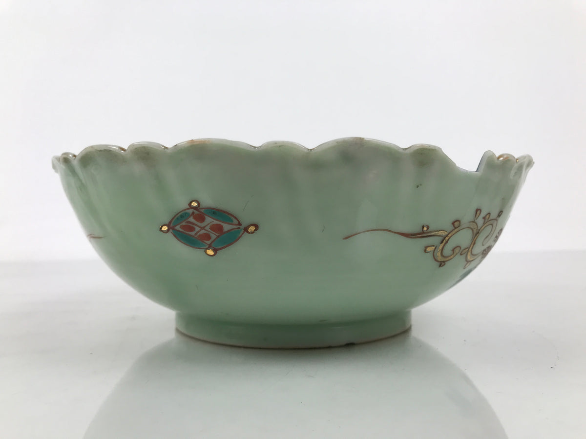 Japanese Porcelain Round Large Bowl Vtg Crane Turtle Longevity Green Gold Y585-KT - Bowl-chidorivintage.com