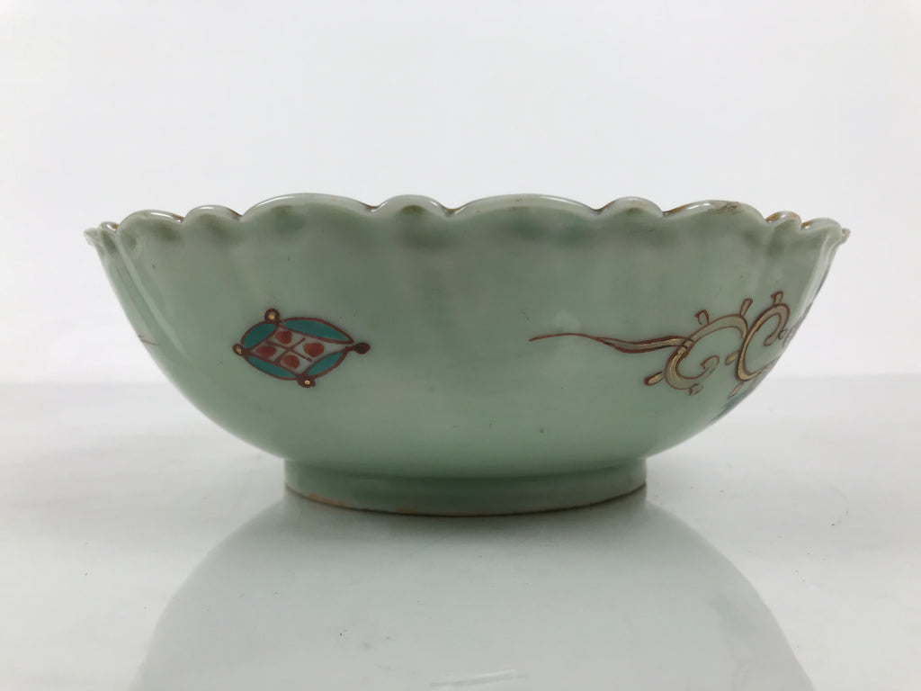 Japanese Porcelain Round Large Bowl Vtg Crane Turtle Longevity Green Gold Y585-KT - Bowl-chidorivintage.com