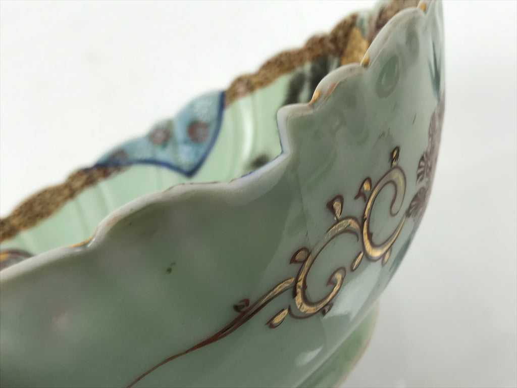 Japanese Porcelain Round Large Bowl Vtg Crane Turtle Longevity Green Gold Y585-KT - Bowl-chidorivintage.com