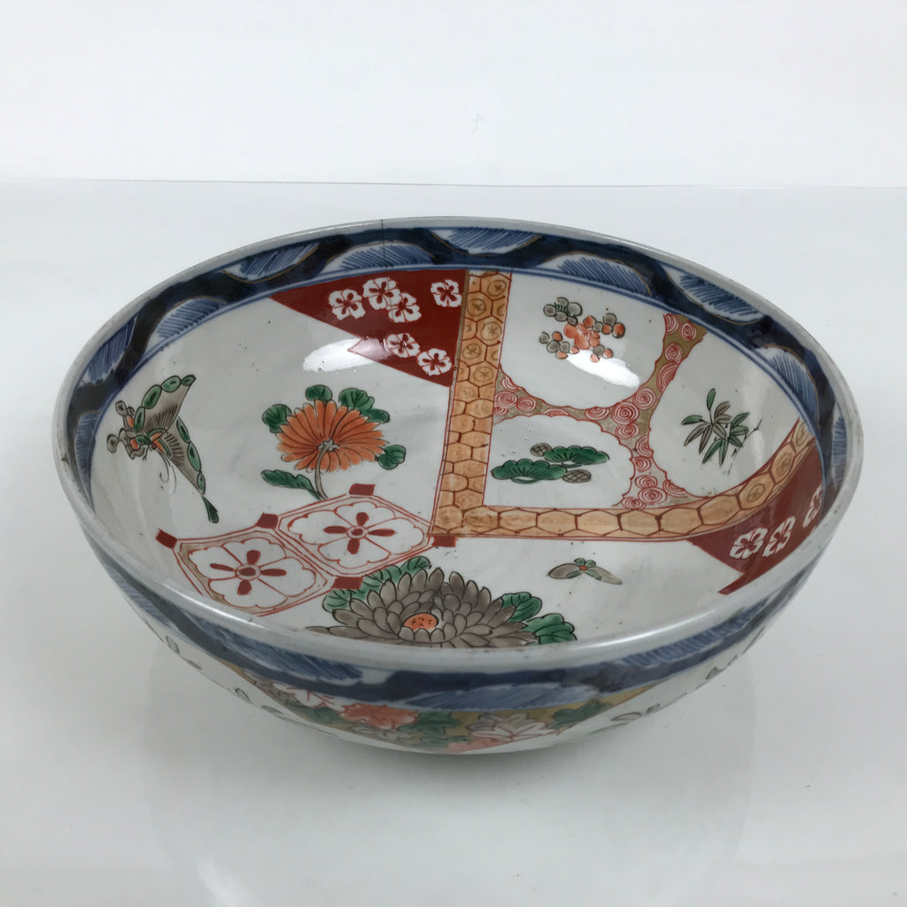 Japanese Ceramic Round Large Imari Bowl Vtg Flowers Butterflies Brown Green Y587-KT - Bowl-chidorivintage.com