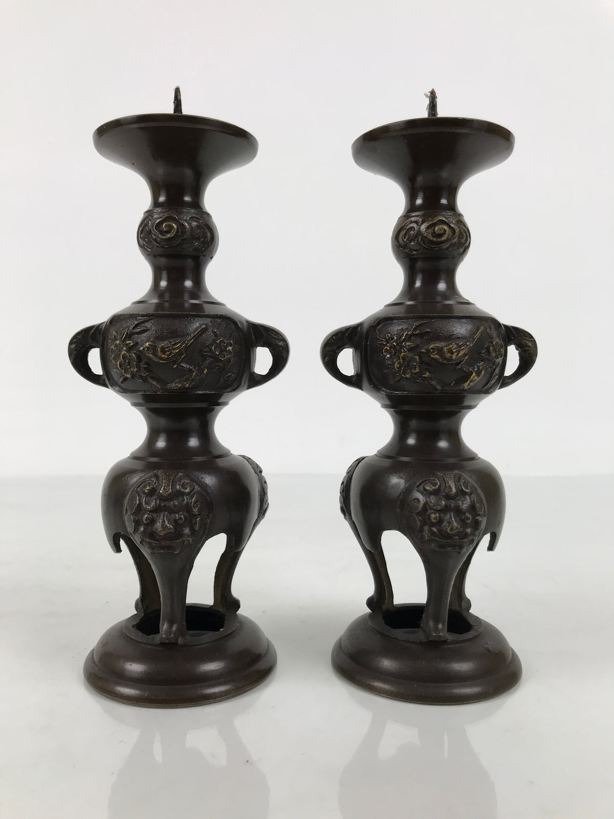 Japanese Buddhist Altar Fitting Bronze Metal Candle Stand Vtg 2pc Shokudai BT24-OT - Buddhist-chidorivintage.com