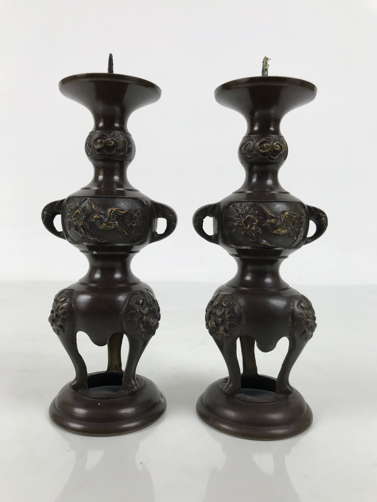 Japanese Buddhist Altar Fitting Bronze Metal Candle Stand Vtg 2pc Shokudai BT24-OT - Buddhist-chidorivintage.com