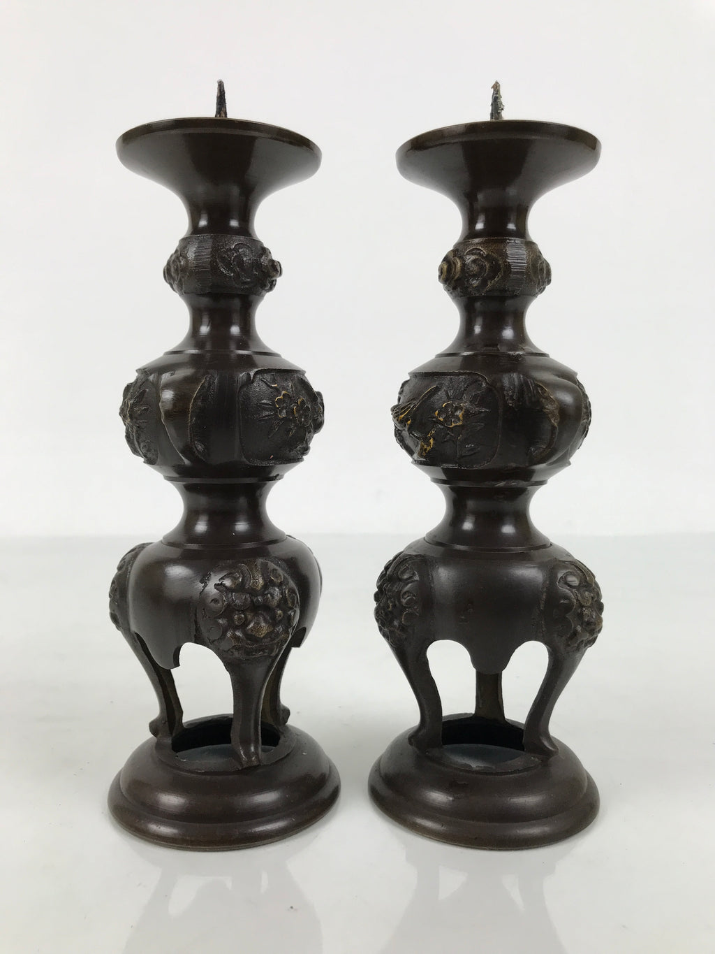 Japanese Buddhist Altar Fitting Bronze Metal Candle Stand Vtg 2pc Shokudai BT24-OT - Buddhist-chidorivintage.com