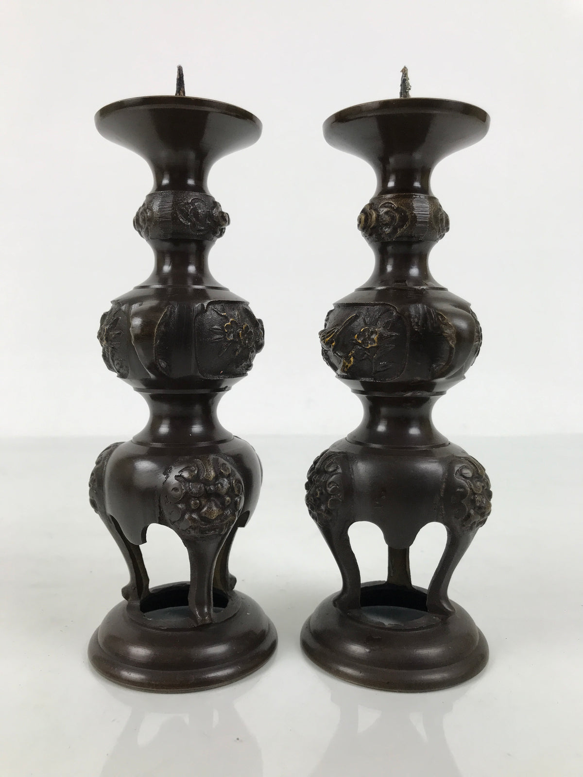 Japanese Buddhist Altar Fitting Bronze Metal Candle Stand Vtg 2pc Shokudai BT24-OT - Buddhist-chidorivintage.com