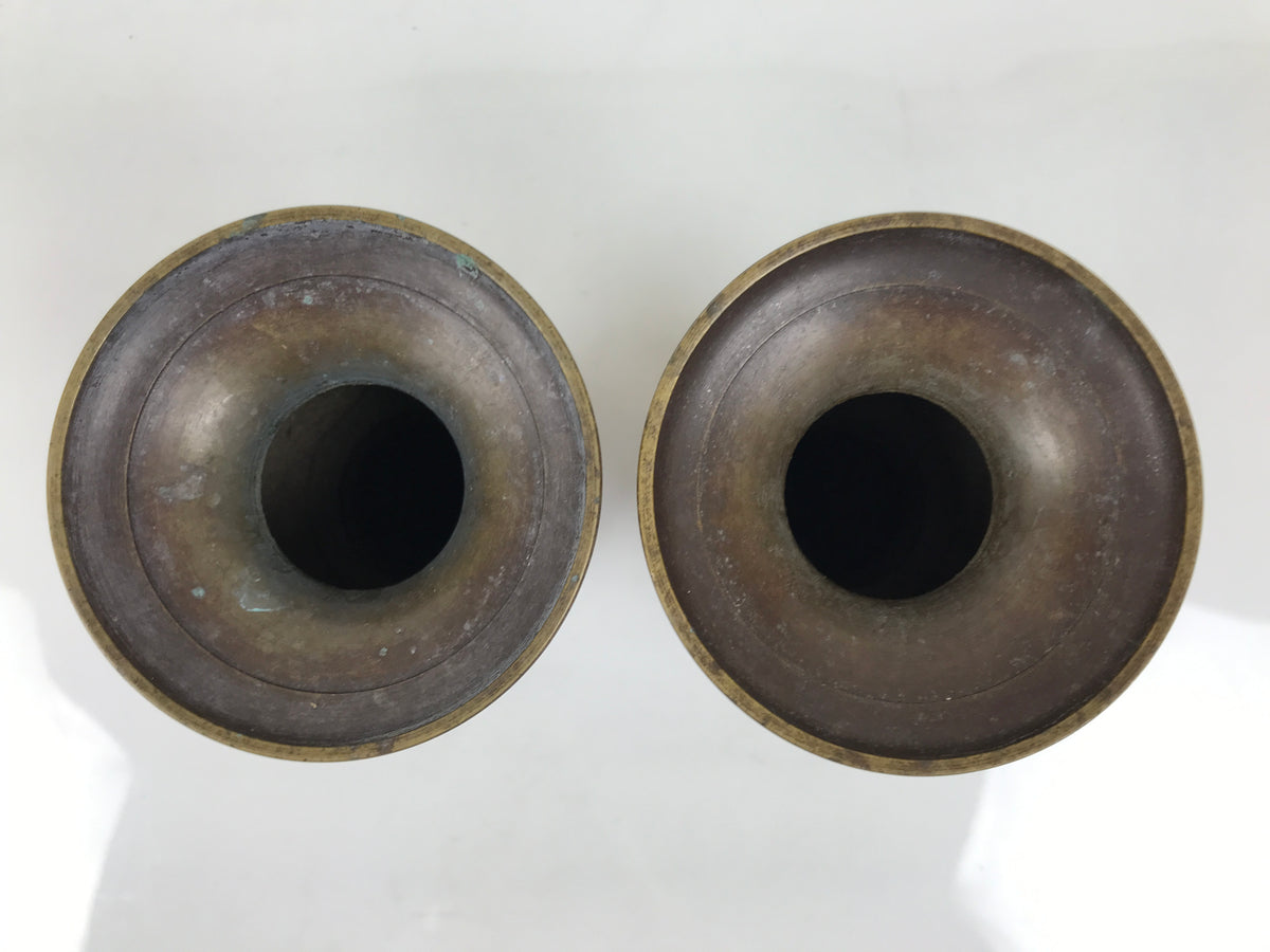 Japanese Buddhist Altar Bronze Metal Flower Vases 2pcs Hanatate Brown Birds BT25-OT - Buddhist-chidorivintage.com