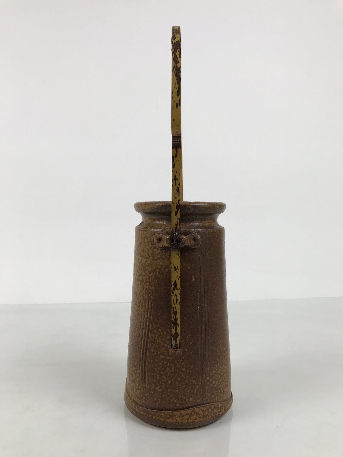 Japanese Ceramic Flower Vase Vtg Ikebana Kabin Brown Bamboo Handle FK266-KT - Vase-chidorivintage.com