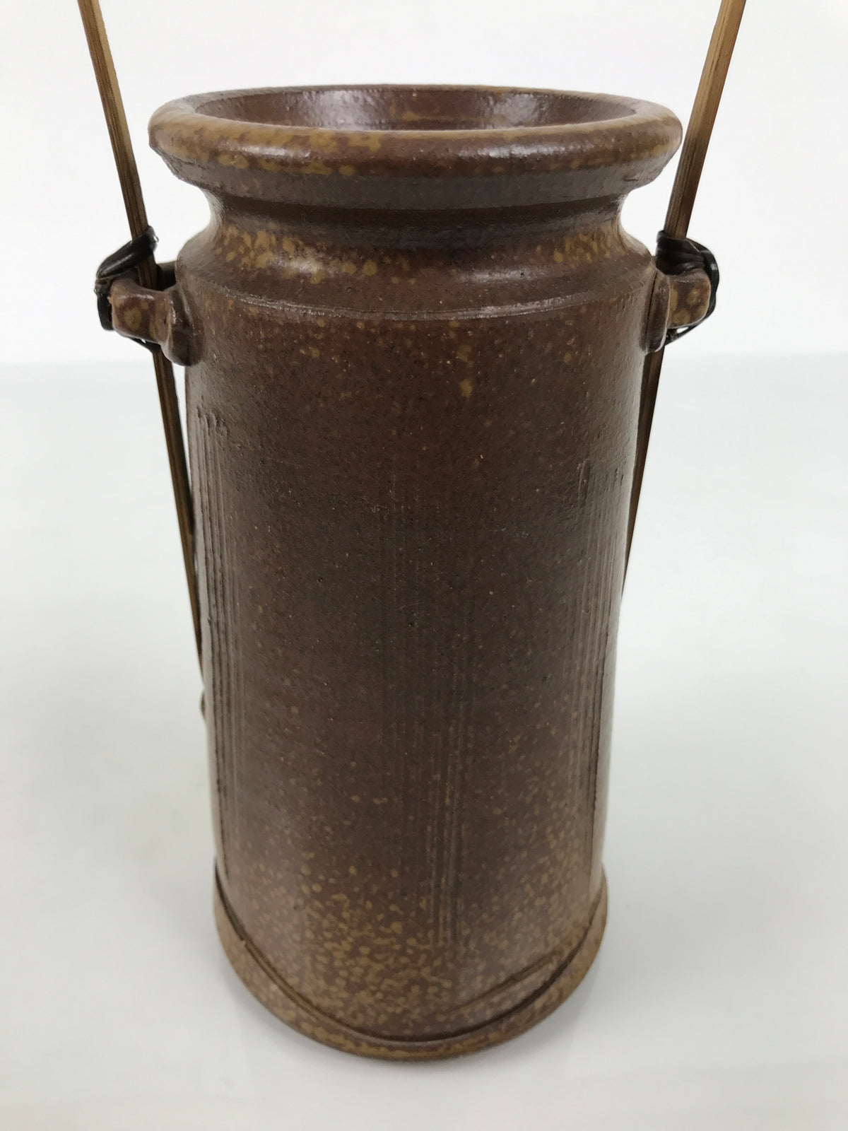 Japanese Ceramic Flower Vase Vtg Ikebana Kabin Brown Bamboo Handle FK266-KT - Vase-chidorivintage.com