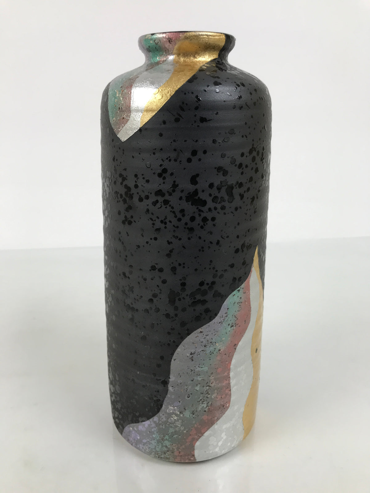Japanese Ceramic Flower Vase Vtg Ikebana Kabin Cylinder Black Gold Silver FK267-KT - Vase-chidorivintage.com