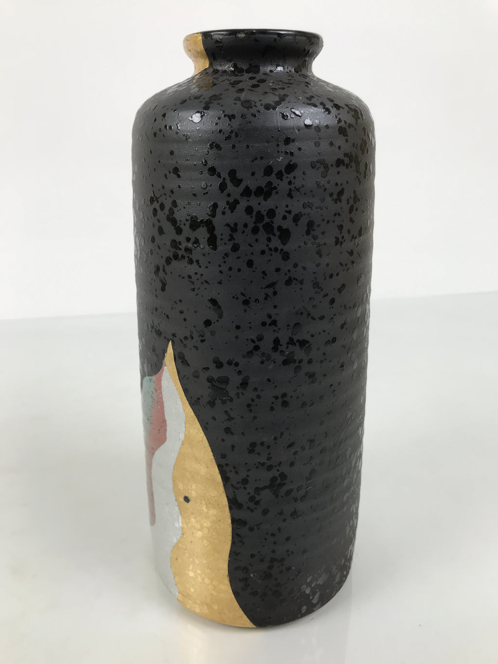 Japanese Ceramic Flower Vase Vtg Ikebana Kabin Cylinder Black Gold Silver FK267-KT - Vase-chidorivintage.com