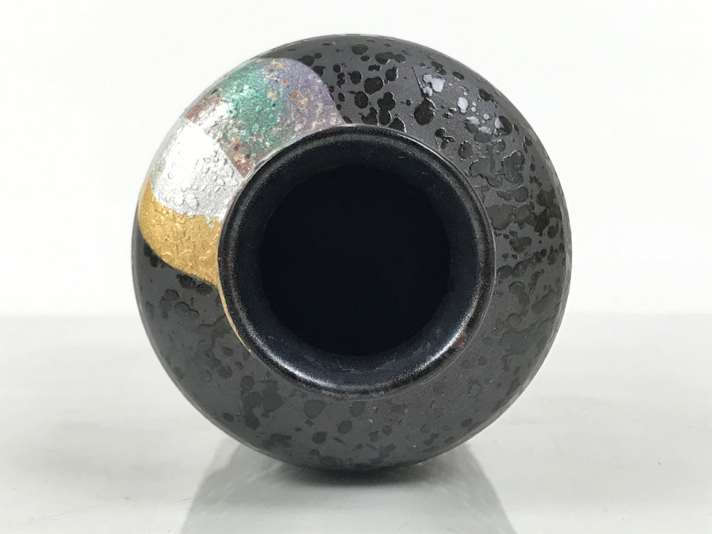 Japanese Ceramic Flower Vase Vtg Ikebana Kabin Cylinder Black Gold Silver FK267-KT - Vase-chidorivintage.com