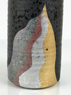 Japanese Ceramic Flower Vase Vtg Ikebana Kabin Cylinder Black Gold Silver FK267-KT - Vase-chidorivintage.com