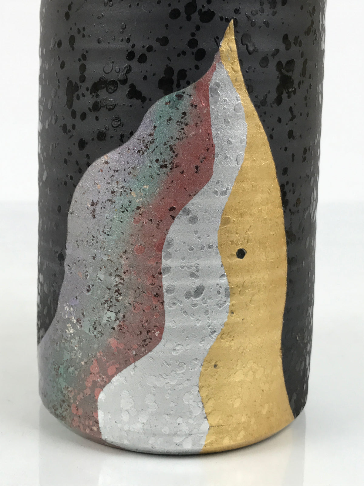 Japanese Ceramic Flower Vase Vtg Ikebana Kabin Cylinder Black Gold Silver FK267-KT - Vase-chidorivintage.com