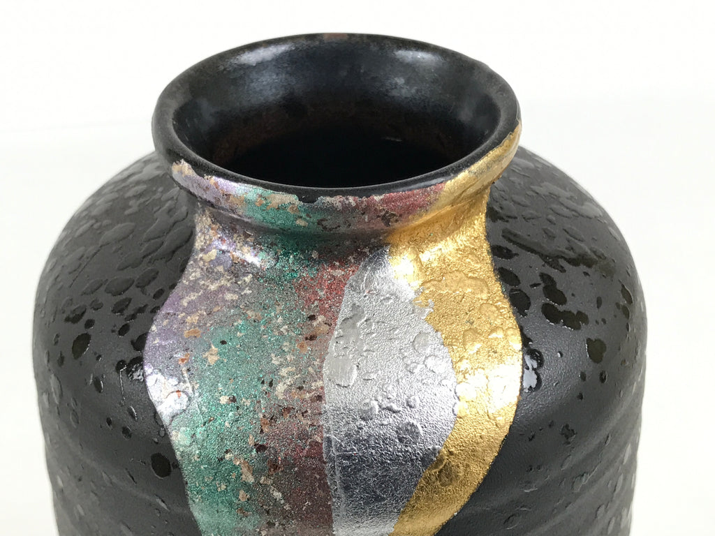 Japanese Ceramic Flower Vase Vtg Ikebana Kabin Cylinder Black Gold Silver FK267-KT - Vase-chidorivintage.com